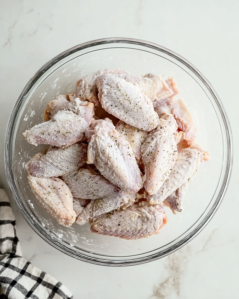 A clear glass bowl holds multiple raw chicken wings, each coated lightly with a layer of white flour mixed with black pepper specks, creating a powdery texture on pale pink skin. The chicken wings are layered loosely, some overlapping with visible variations in size and shape. The bowl sits on a white marbled surface, and a small part of a black and white checkered cloth appears at the bottom right corner. The lighting is soft and natural, capturing the raw and fresh state of the wings. photo taken with an iphone --ar 4:5 --v 7