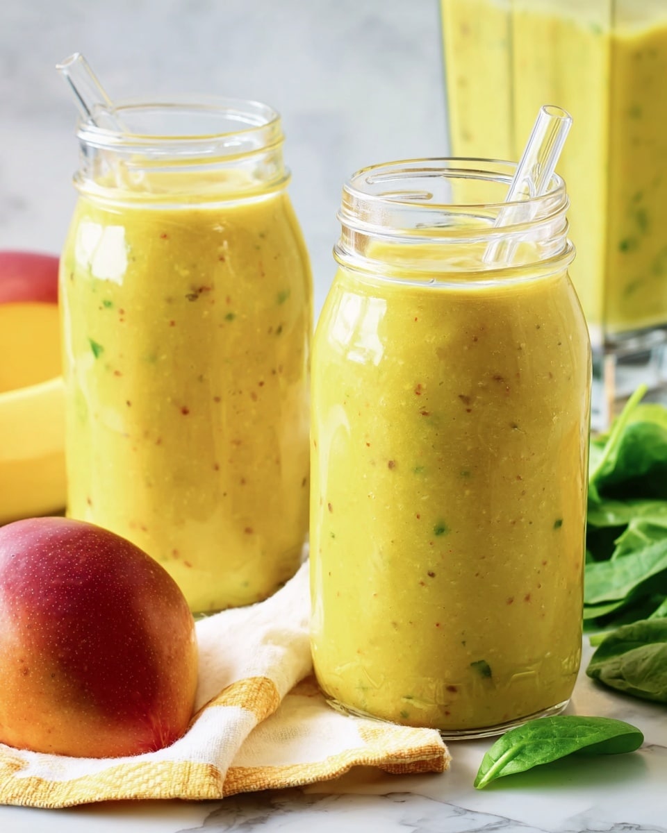 Two clear glass jars filled with a thick yellow smoothie with visible tiny green and brown specks. Each jar has a clear straw, and the smoothie fills most of the height of the jars. In the foreground, there is a fresh mango with a reddish and yellow skin on a yellow and white cloth napkin. A peeled banana lies behind the mango. To the right, some green spinach leaves are placed on the white marbled surface. In the background, a blender container contains more of the same yellow smoothie. The overall scene is bright with natural light. photo taken with an iphone --ar 4:5 --v 7