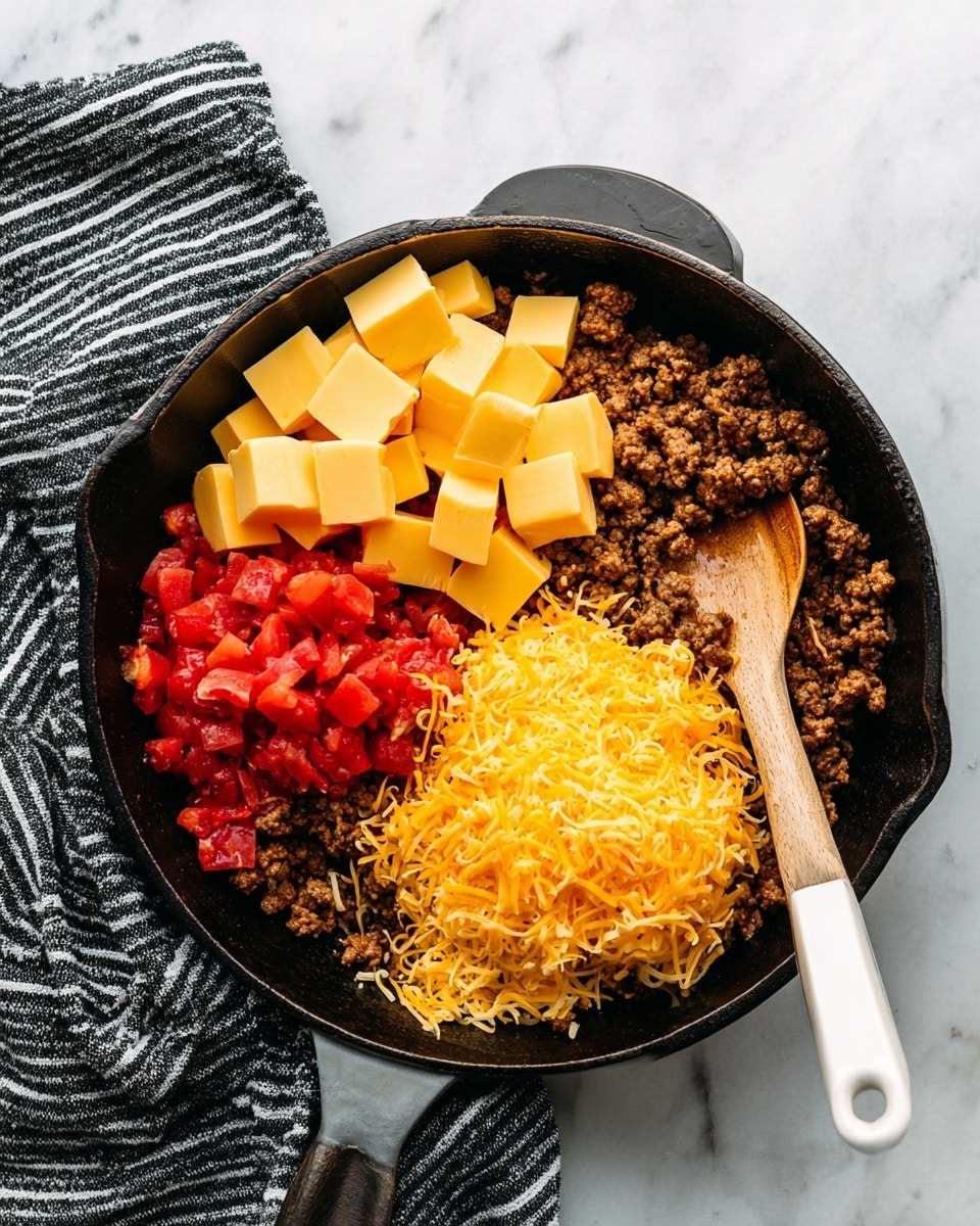 A black cast iron pan sits on a white marbled surface next to a black and white striped cloth. Inside the pan, there are four main parts: in the lower left, crumbled brown cooked ground beef mixed with diced bright red tomatoes; in the upper left, large cubes of pale yellow cheese stacked neatly; in the right half, a heap of finely shredded bright orange cheddar cheese covering the ground meat underneath. A wooden spoon with a white handle is resting inside the pan, touching the ground beef and tomatoes. Photo taken with an iphone --ar 4:5 --v 7