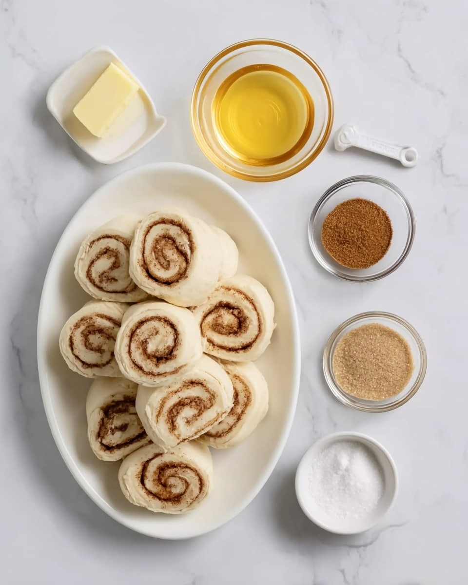 A white oval plate is filled with eleven light beige dough rolls, each showing a spiral pattern of cinnamon filling in a darker brown shade. To the right of the plate on a white marbled surface, there are four small containers arranged vertically: at the top, a clear glass bowl with melted yellow butter; below it, a small clear bowl with brown cinnamon powder; below that, a small white measuring cup with white granulated sugar; and at the bottom, a small white measuring cup filled with light brown sugar. The scene is bright and clean, all items evenly spaced. Photo taken with an iphone --ar 4:5 --v 7