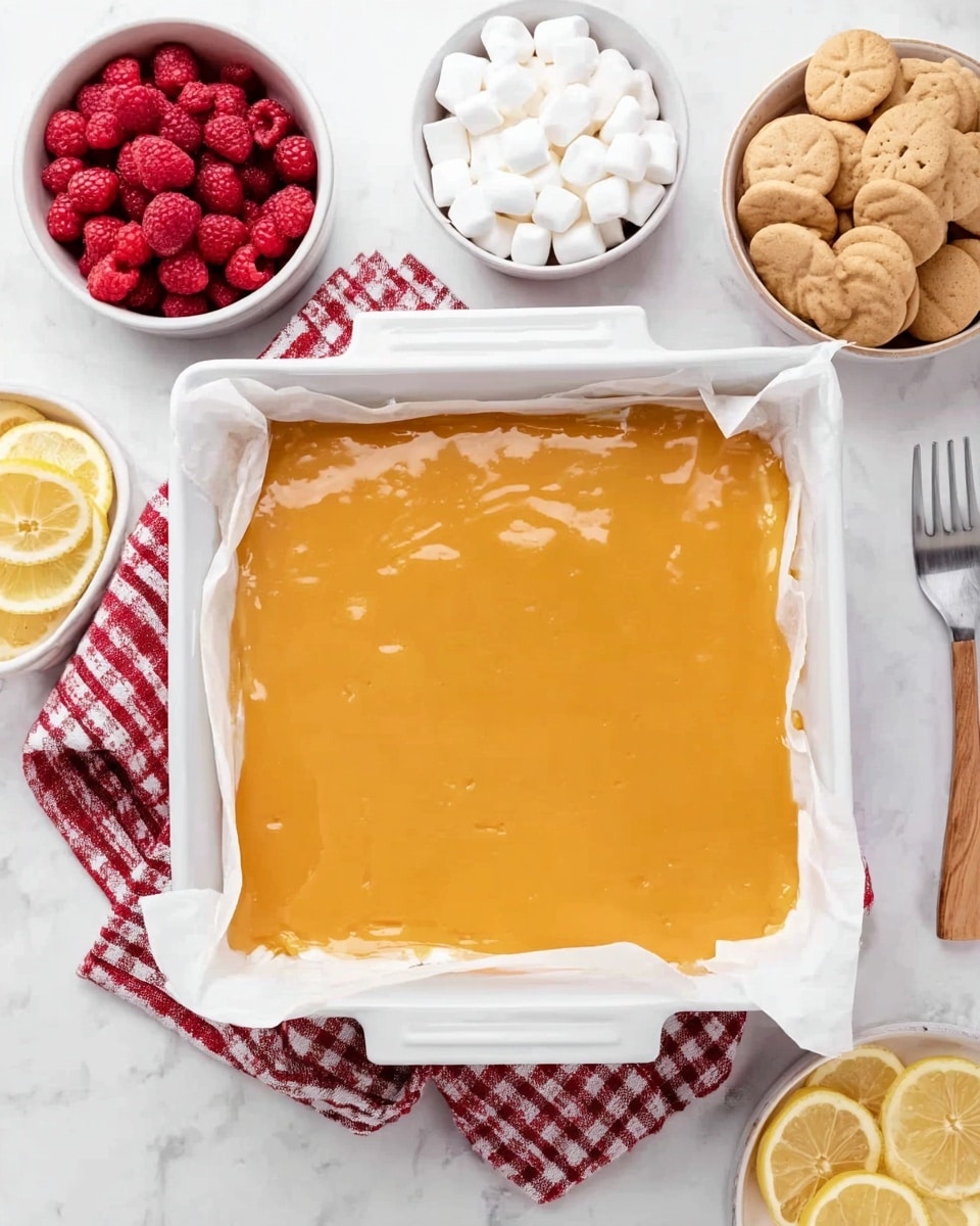 The image shows a white square baking dish lined with parchment paper, filled with two visible layers: the bottom layer is white and creamy, while the top layer is smooth and glossy orange, spread evenly over the white base. Around the dish on a white marbled surface, there are side bowls including one with fresh red raspberries, another with small white marshmallows, and a white bowl filled with round light brown cookies. Lemon slices and a silver fork with a light-colored wooden handle are also placed nearby. A red and white checkered cloth partially appears under the dish. Photo taken with an iphone --ar 4:5 --v 7