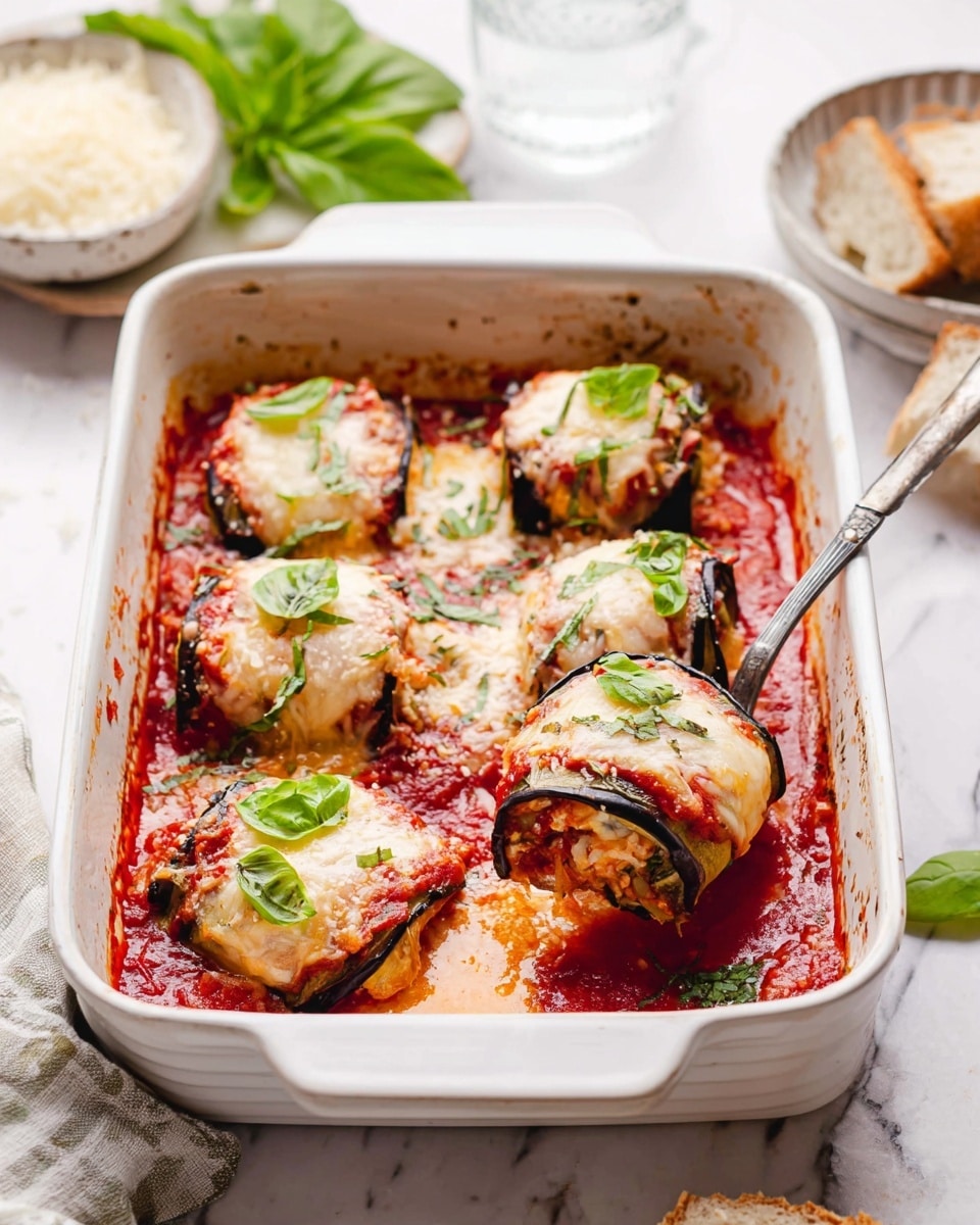 A white square baking dish filled with six pieces of eggplant roll-ups, each layered with green and white zucchini slices rolled and topped with melted golden and white cheese, sitting on a thick, shiny red tomato sauce base. The eggplant skin is dark purple and slightly charred. Small fresh green basil leaves are scattered on top, with some grated cheese sprinkled over the dish. The dish rests on a wooden board on a white marbled surface, surrounded by small bowls with red spice flakes, basil leaves, and grated cheese, along with a grey cloth napkin in the background photo taken with an iphone --ar 4:5 --v 7