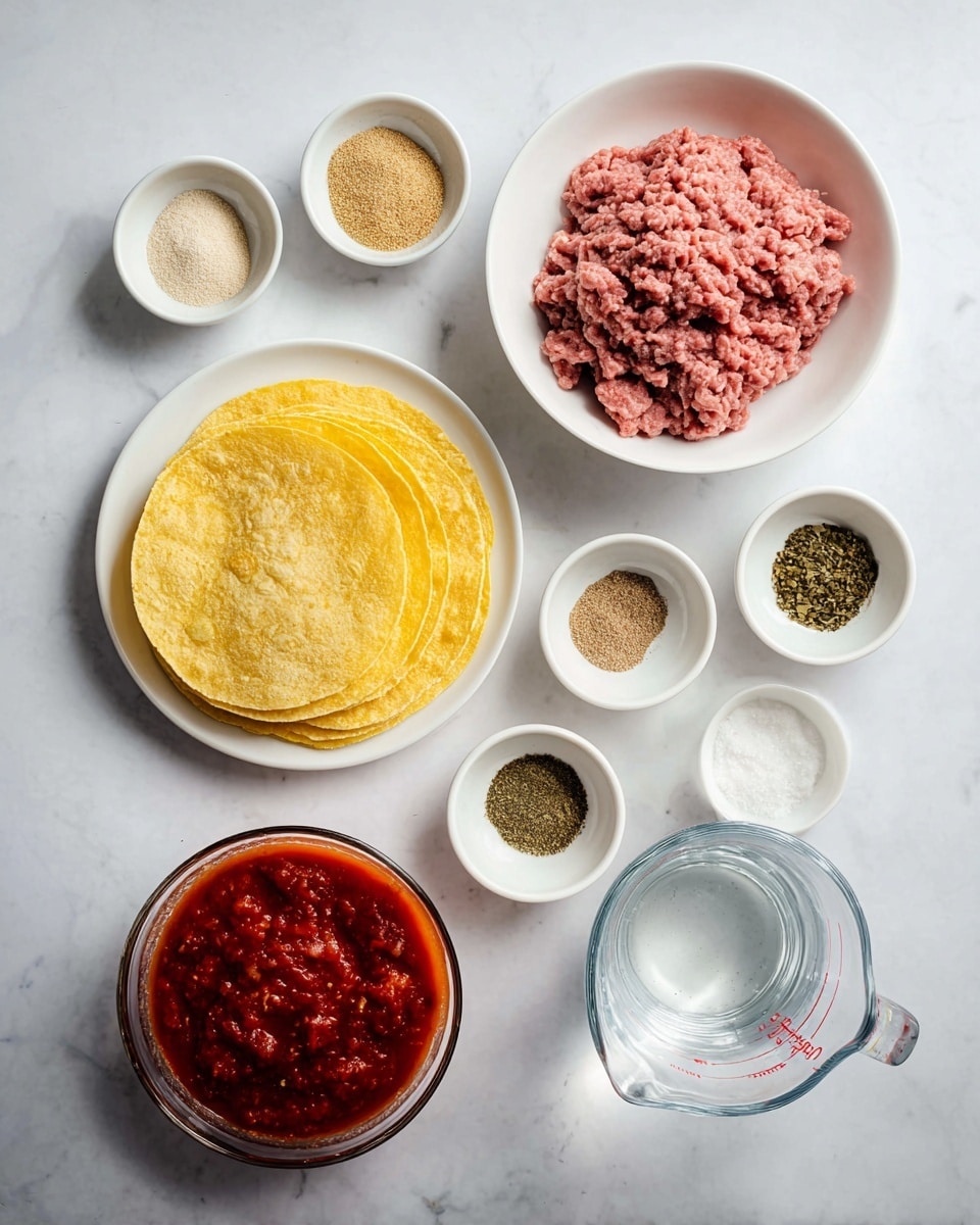 This image shows several white bowls arranged on a white marbled surface. In the center front, there is a white plate holding three yellow corn tortillas stacked. To the top right, a white bowl contains pink ground meat with some marbling. Surrounding these are small white bowls each with different spices: a light beige powder, a brown powder, a darker red powder, green dried herbs, salt, garlic powder, and black pepper. A small white bowl at the bottom holds thick red salsa with visible chunks. To the bottom right, there is a clear glass measuring cup filled with water. The colors on the white clean background make the ingredients clear and easy to see photo taken with an iphone --ar 4:5 --v 7