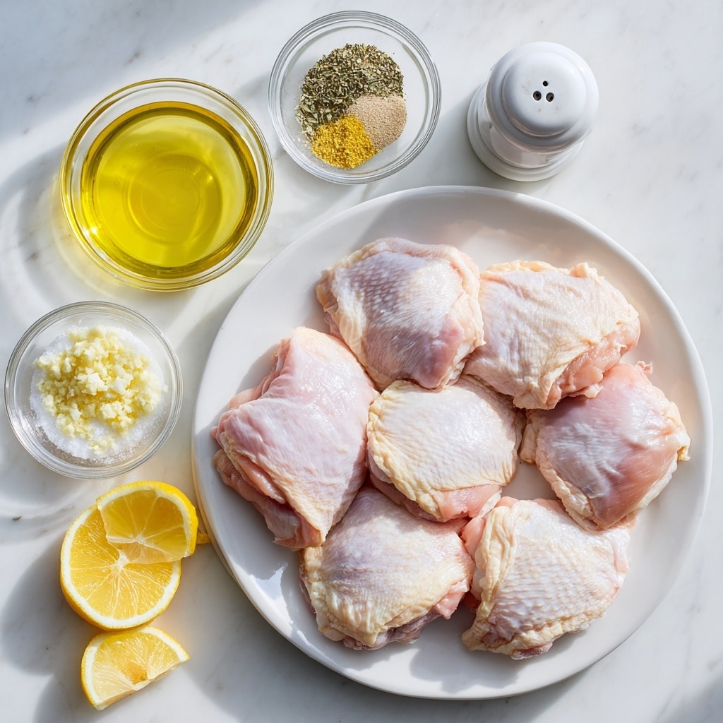 A white plate holds six raw chicken thighs with pale pink skin and visible texture on top, arranged neatly. To the left of the plate on a white marbled surface are small clear glass bowls containing light yellow lemon juice, golden olive oil, white sea salt, chopped pale yellow garlic, and dried greenish-brown oregano. Three thin slices of lemon with pale yellow flesh and rind rest near the lemon juice bowl. A white pepper grinder lies nearby, completing the ingredients spread softly lit in natural light. photo taken with an iphone --ar 4:5 --v 7
