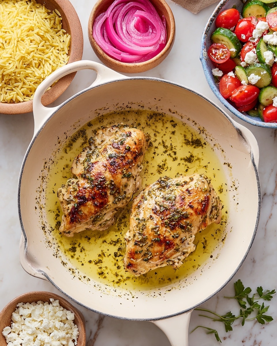 Two browned pieces of cooked chicken sit in a white pan filled with light yellow oil mixed with herbs. Around the pan, on a white marbled surface, there is a bowl at the top right with a salad of halved cherry tomatoes and cucumber pieces dressed with black pepper, a small bowl with white crumbled cheese, a bowl of yellow orzo pasta, and a small bowl of sliced pickled red onions in bright pink liquid. There are scattered fresh green herbs near the pasta bowl. photo taken with an iphone --ar 4:5 --v 7
