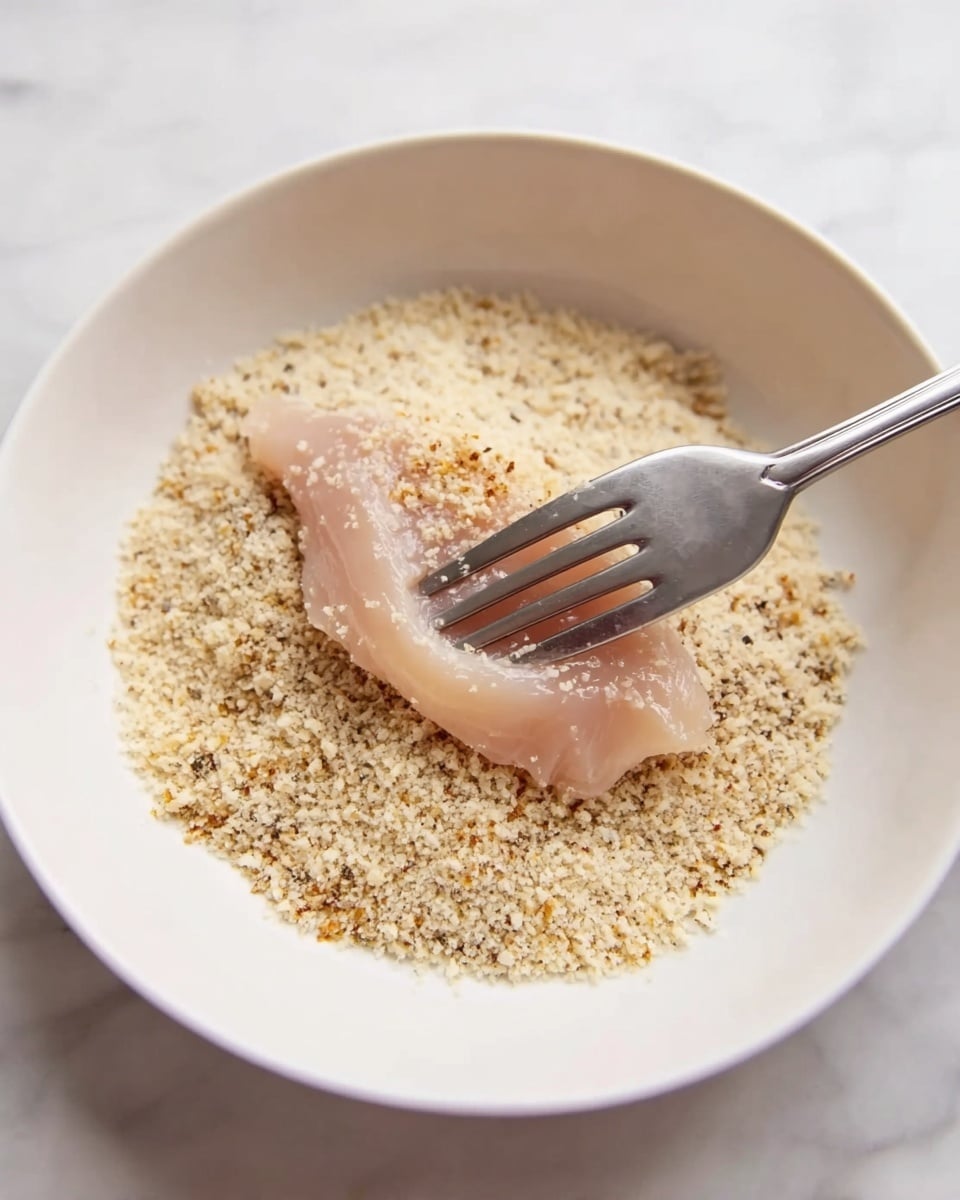 A white bowl is placed on a white marbled surface and filled with light beige breadcrumbs mixed with small darker specks. In the center of the bowl, a raw, smooth piece of chicken with a pale pink color lies flat on the breadcrumbs. A silver fork is pressing gently on the chicken, with the tines partially inserted into the meat, showing a slight indentation. The scene is brightly lit, highlighting the fine texture of the breadcrumbs and the glossy wet surface of the chicken. photo taken with an iphone --ar 4:5 --v 7