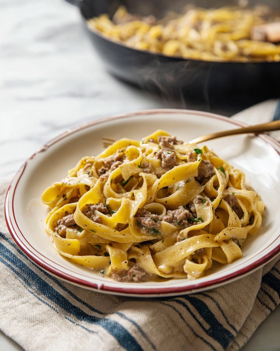 A white shallow bowl with a red ring near the edge holds a serving of thick, flat pasta noodles mixed with small pieces of brown meat and light green herb bits. The pasta looks creamy and slightly shiny, with a few specks of black pepper visible. The bowl is placed on a beige cloth with blue stripes, on top of a white marbled surface. In the blurred background, a black pan filled with more pasta and meat is visible, emitting thin steam lines. The overall tone is warm and inviting, showing a cozy meal. Photo taken with an iphone --ar 4:5 --v 7