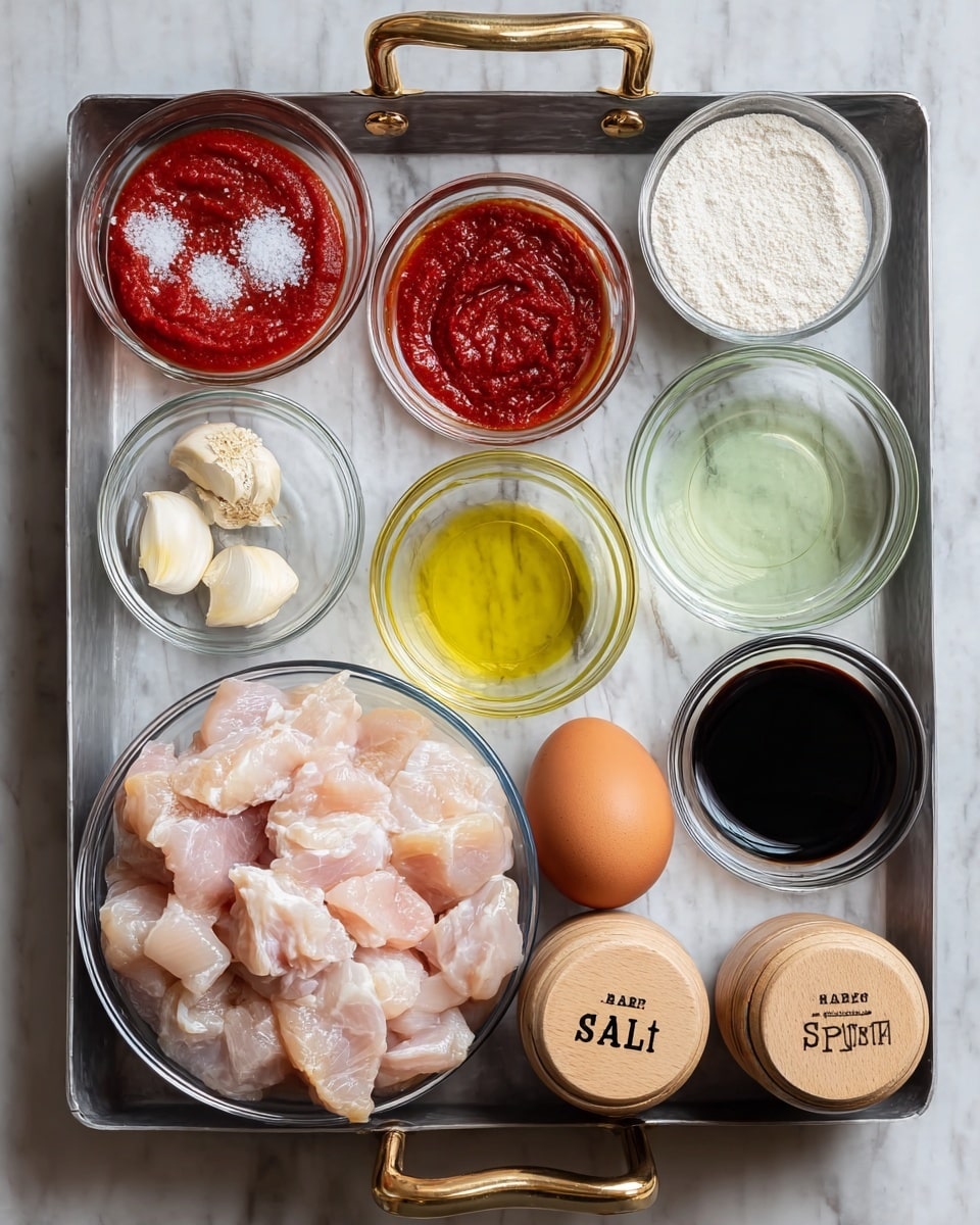 A metal tray with gold handles holds various clear glass bowls and small containers with cooking ingredients arranged in neat rows on a white marbled surface. In the bottom left, a large bowl is filled with pale pink chunks of raw chicken. Surrounding it are smaller bowls containing deep red tomato paste, light yellow oil, dark soy sauce, clear light broth, white flour, and white granulated sugar. Two brown eggs sit beside wooden salt and pepper shakers labeled