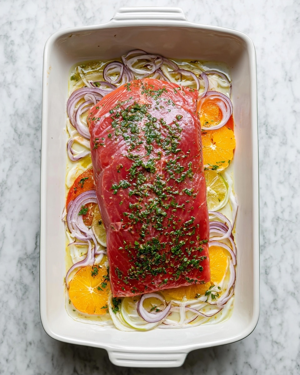 A large, raw piece of pinkish-red fish fillet is placed in the center of a white rectangular baking dish. The fish is covered with small green herb pieces, giving it a fresh look. Underneath the fish, there is a thin layer of thinly sliced white and purple onions, mixed with round slices of yellow and red citrus fruits that peek out around the edges of the fish. The baking dish sits on a white marbled surface, making the colors of the fish and vegetables stand out. photo taken with an iphone --ar 4:5 --v 7
