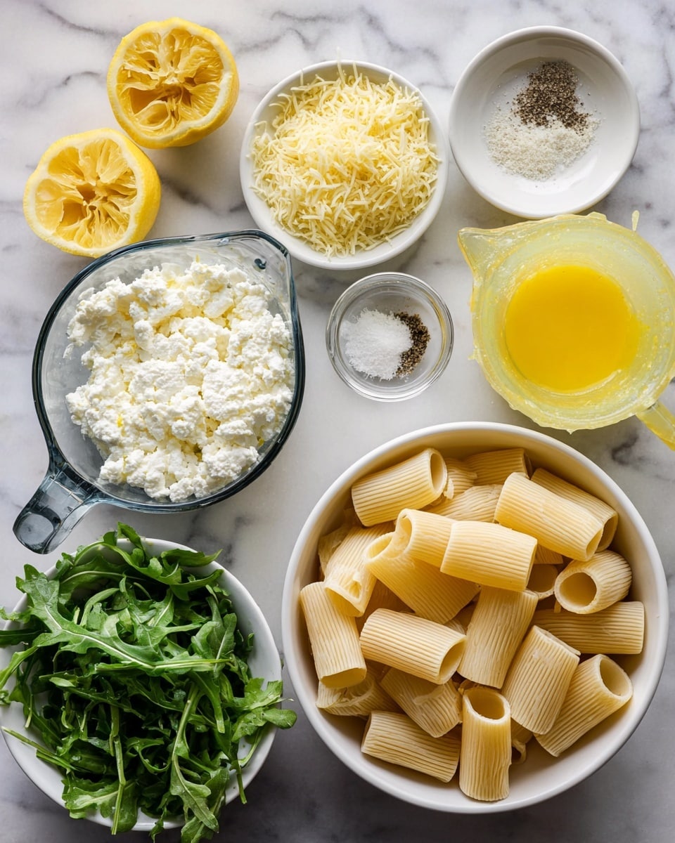 The image shows several small white bowls and a clear glass measuring cup on a white marbled surface. In the center is the measuring cup filled with soft, crumbly white cheese. To the right is a white bowl with uncooked rigatoni pasta, large tube-shaped with ridges, filling the bowl. Above it is a small white bowl filled with finely grated pale yellow cheese. On the top right, a white bowl with a juicer inside holds freshly squeezed yellow lemon juice. Two lemon halves, one lying down and one standing, are near the juicer. Above the lemons is a small white bowl with salt and pepper mixed. To the left, a small white bowl holds yellow lemon zest. At the bottom left, a white bowl has fresh dark green arugula with a slightly rough texture. Everything is placed neatly on the white marbled surface. Photo taken with an iphone --ar 4:5 --v 7