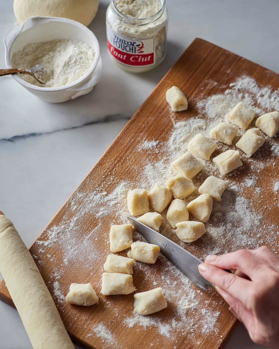 The image shows a wooden board with a light dusting of flour, on which small pieces of soft dough are being cut from a long roll of dough. The dough pieces are pale creamy yellow, slightly rough in texture, and scattered in small clusters on the board. A woman's hand with a knife is slicing the dough into small pillow-like shapes on the right side of the board. In the background, there is a white marbled surface with a jar of plain flour, a white measuring cup with flour, a ball of dough, and a wooden gnocchi board. Photo taken with an iphone --ar 4:5 --v 7