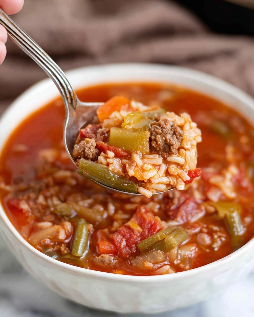 A close-up image of a spoon holding a thick, hearty stew above a white bowl filled with the same stew. The stew has a rich red color from the tomato base and includes visible chunks of white rice, small pieces of brown meat, bright green beans, orange carrots, white onions, and bits of red tomato. The textures range from soft rice and cooked vegetables to tender meat. The white bowl is sitting on a white marbled surface, and the spoon is held by a woman's hand. Photo taken with an iphone --ar 4:5 --v 7