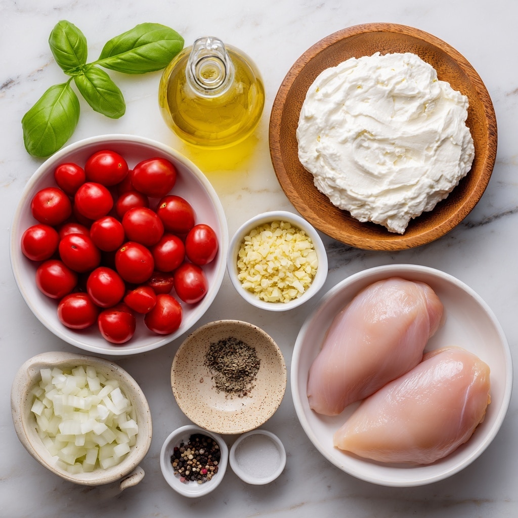 A top view of fresh ingredients arranged neatly on a wooden surface showing two raw chicken pieces with a smooth, pale pink texture in a white bowl in the bottom right. Above it, a round wooden bowl filled with smooth, white cream cheese. To the left of the cream cheese, a clear glass bottle of golden olive oil. Below the olive oil, a white bowl filled with many shiny, red cherry tomatoes. A small, speckled beige bowl with finely chopped pale yellow garlic sits to the right of the tomatoes and below the cream cheese. To the left of the chicken, a small white bowl filled with chopped white onion pieces. Two tiny white bowls containing black pepper and white salt are placed between the onion and the cherry tomatoes. Fresh green basil leaves frame the right and bottom edges of the image. The whole scene is set on a white marbled surface. Photo taken with an iphone --ar 4:5 --v 7