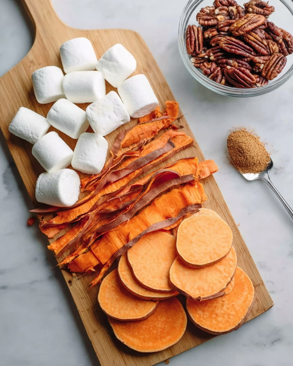 The image shows a wooden cutting board on a white marbled surface with three distinct layers of food arranged on it: a top layer of white, cube-shaped marshmallows placed in a grid; a middle layer of orange sweet potato skins, thin and slightly curled; a bottom layer of round sweet potato slices in bright orange, stacked slightly overlapping each other. To the right of the board, there is a clear glass bowl filled with dark brown pecans. A silver spoon with a brown powder is partly visible in the upper right corner, next to the marshmallows. photo taken with an iphone --ar 4:5 --v 7