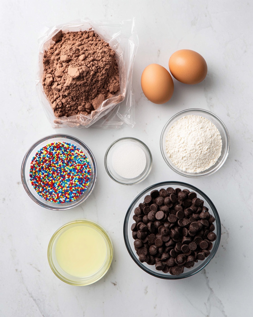 The image shows seven separate ingredients placed on a white marbled surface. At the top left is an open plastic bag filled with light brown cocoa powder that has a rough texture with small clumps. To the right, there is a small clear glass bowl holding two brown eggs with smooth shells. Below the cocoa powder is a small clear glass bowl filled with tiny, round, colorful candy sprinkles in bright colors like red, blue, yellow, and green. To the right of the sprinkles is another small clear glass bowl with a white powdery ingredient, likely flour. Below the sprinkles, there is a small clear glass bowl filled with a pale yellow oil. At the bottom right, a larger clear glass bowl is filled with dark brown chocolate chips that have a smooth, rounded shape. Lastly, at the bottom left, there is a small clear glass pitcher with white milk, visible in a smooth liquid form. The whole setting is neat with soft lighting, taken from above. Photo taken with an iphone --ar 4:5 --v 7