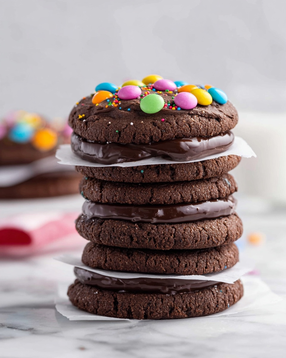 The image shows round chocolate cookies with a thick, smooth layer of dark chocolate frosting spread evenly on top of each cookie. Each cookie is decorated with small, shiny, round candy pieces in bright colors like pink, blue, yellow, orange, green, purple, and black scattered randomly over the frosting. One cookie in the front has a bite taken out, revealing a soft, moist, and crumbly chocolate interior with a rough texture contrasted by the smooth frosting on top. The cookies are placed on a white marbled surface, with a white bowl filled with more colorful round candies visible in the background. Photo taken with an iphone --ar 4:5 --v 7