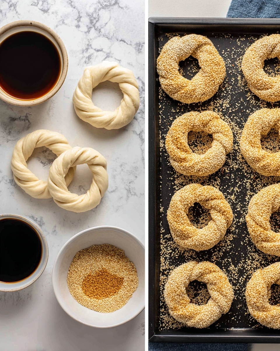 The image shows twisted dough rings being prepared in two steps on a white marbled surface. On the left, several plain cream-colored twisted dough rings are placed next to two white bowls: one filled with a dark brown liquid with one dough ring soaking inside, and the other filled with golden-brown sesame seeds with one dough ring being dipped. On the right, six dough rings fully coated with sesame seeds are arranged on a black baking tray with scattered seeds around them. The dough rings have a soft, smooth texture, and the sesame coating adds a rough, crunchy layer. Photo taken with an iphone --ar 4:5 --v 7