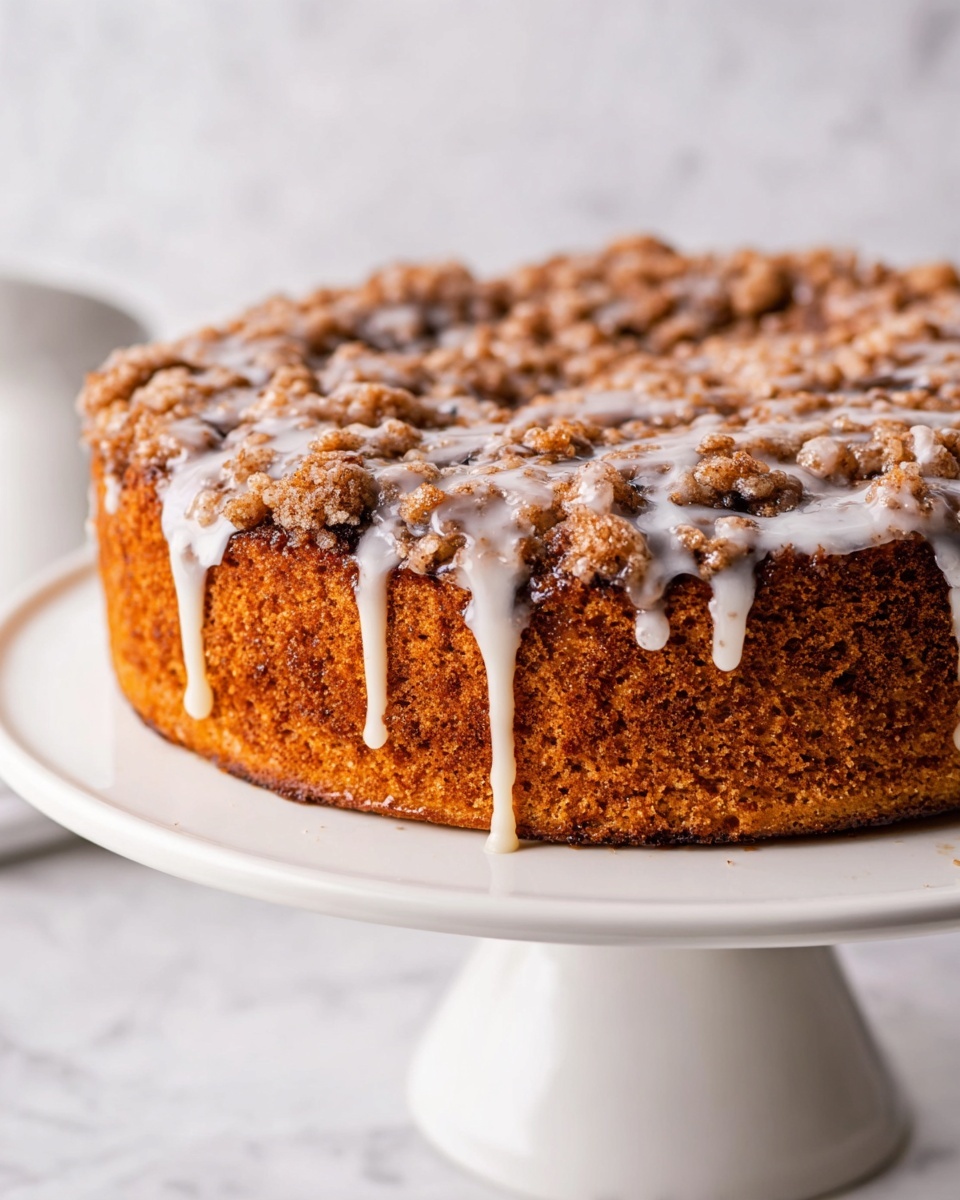 A single-layer round cake with a golden brown crust sits on a white cake stand, topped with a thick, crumbly streusel layer in darker brown shades and small nutty textures. A white glaze gently drips down the sides, creating soft, uneven streaks that catch the light. The background and surface feature a white marbled texture, adding a clean, simple contrast to the warm colors of the cake. Photo taken with an iphone --ar 4:5 --v 7