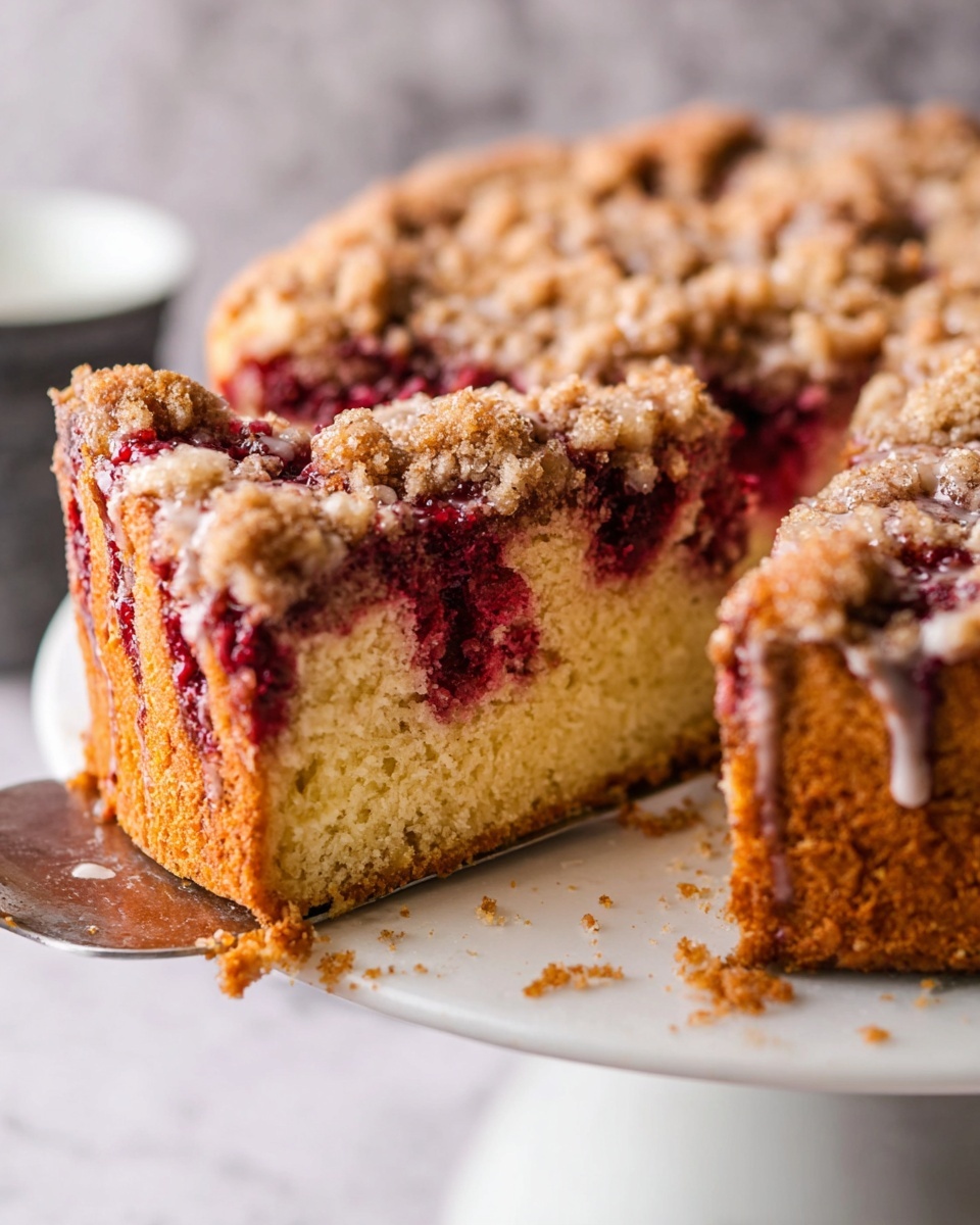 The image shows a close-up of a crumb cake on a white plate with a white marbled texture surface below. The cake has three visible layers: a golden-brown bottom cake layer with a soft texture, a middle layer with red berry filling streaked through the cake, and a top layer of crumbly, crunchy streusel that is light brown with a sweet glaze drizzled over it, adding a shiny texture. A slice is being lifted from the cake, showing the thickness and moist nature of the cake, with crumbs scattered around the plate. Photo taken with an iphone --ar 4:5 --v 7