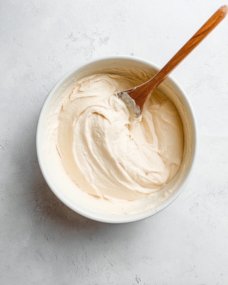 A white bowl filled with thick, creamy light beige mixture with a smooth and fluffy texture; a wooden spoon rests inside the bowl, partially covered by the mixture on the right side. The bowl sits on a white marbled textured surface. photo taken with an iphone --ar 4:5 --v 7
