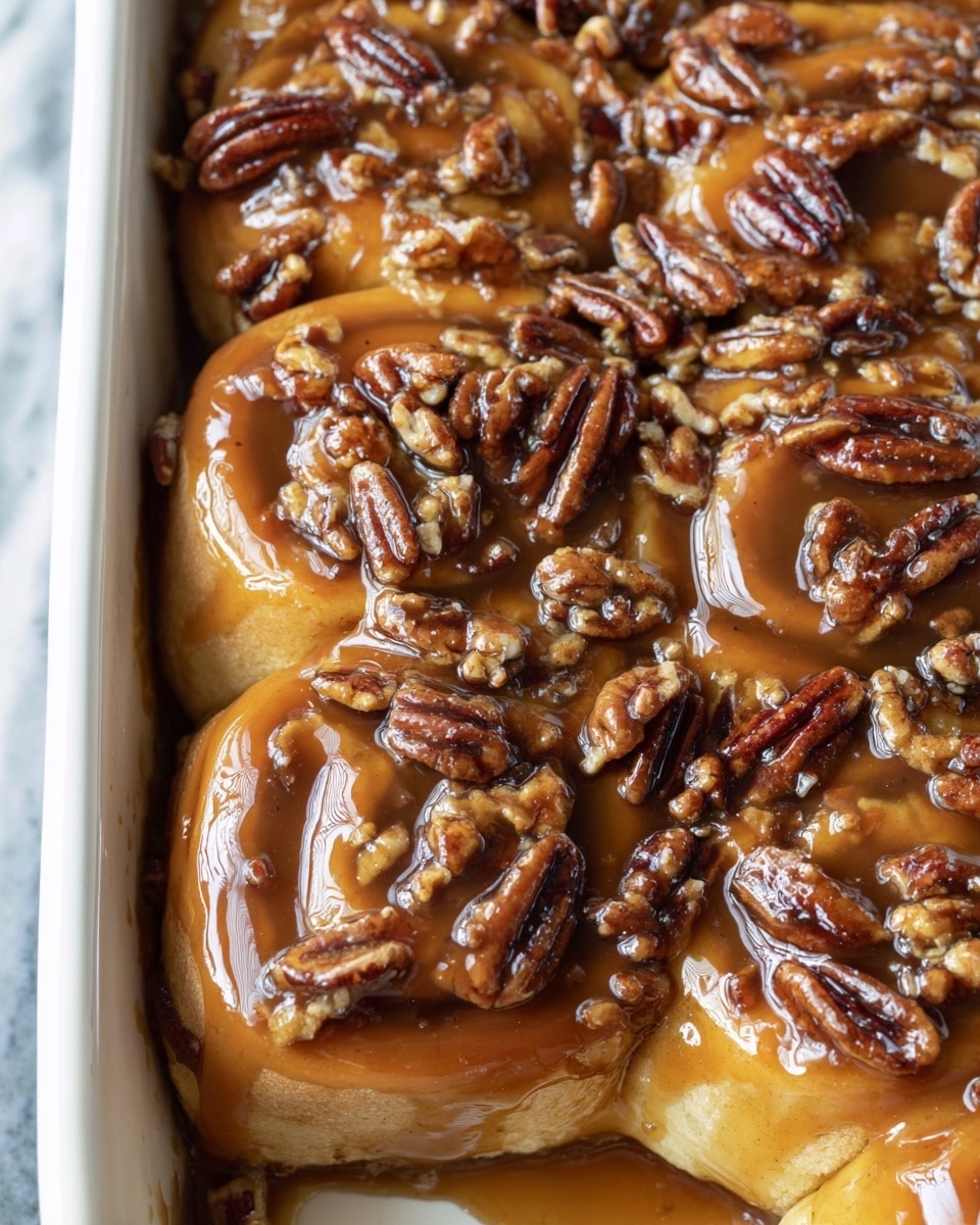 The image shows close-up sticky rolls covered with a glossy caramel sauce and a generous layer of toasted pecan nuts on top. Each roll appears soft and fluffy with a light golden brown color under the shiny caramel layer. The sauce pools at the base, also holding scattered pecan pieces, creating a rich, glossy texture. The rolls are arranged closely together in a white dish with a smooth finish, set against a white marbled surface. photo taken with an iphone --ar 4:5 --v 7