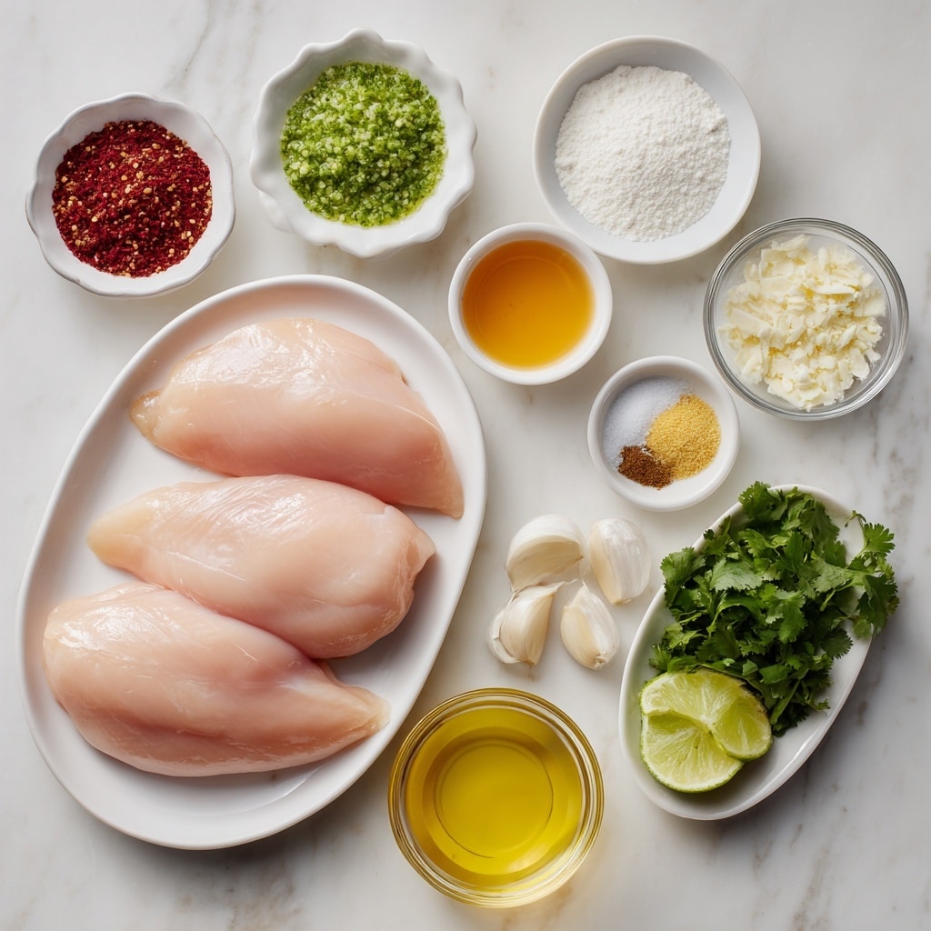 The image shows a white oval plate on a white marbled surface holding three raw chicken breasts, each smooth and pale pink in color. Around the plate, small white bowls and clear glass containers hold various ingredients: bright green lime zest in a small clear bowl, a scalloped white dish with red, black, and white spices, a small white bowl with white cornstarch powder, a clear bowl of creamy white coconut milk, another clear bowl with light green lime juice, a glass container filled with golden honey, a tiny clear bowl with pale grated ginger, a scalloped white dish holding four garlic cloves, a fresh bright green chopped cilantro pile in a white bowl, and a clear glass bowl with yellow-green olive oil. All items are neatly arranged on the white marbled surface. Photo taken with an iphone --ar 4:5 --v 7
