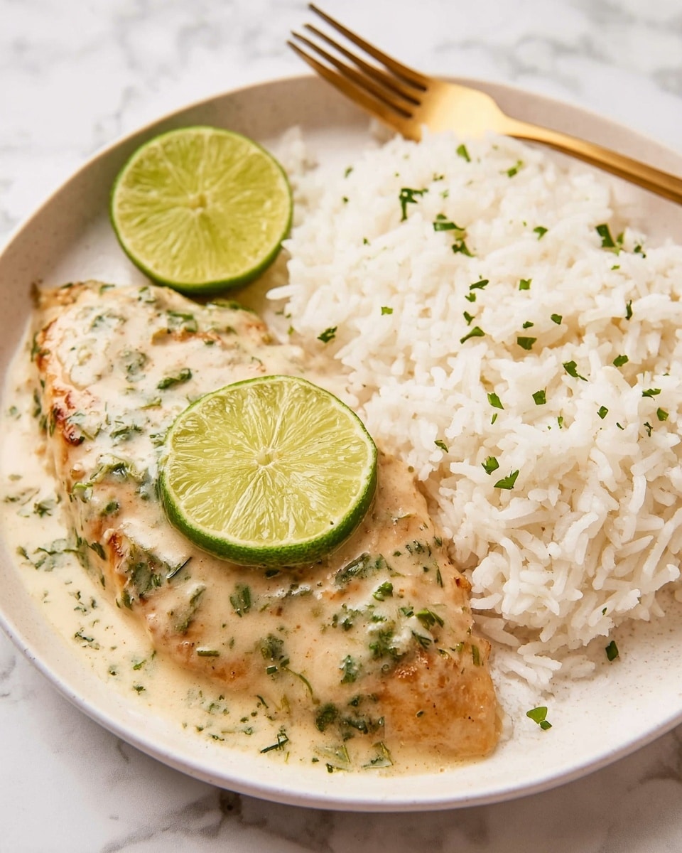 A white plate on a white marbled surface holds a simple meal with two main parts. On the right side, there is a mound of fluffy white rice sprinkled with small pieces of green herbs. On the left side, there is a piece of grilled chicken covered in a light creamy sauce with visible green herb bits mixed in. On top of the chicken, there is a fresh green lime wedge adding color and contrast. Behind the plate, a golden fork rests leaning against the rice. The photo taken with an iphone --ar 4:5 --v 7