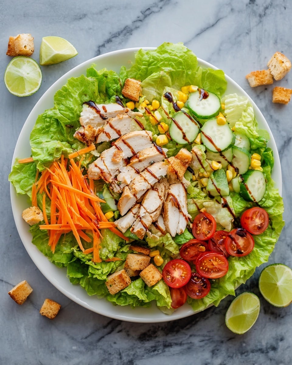 A white plate on a white marbled surface holds a fresh salad with three visible layers. The bottom layer is bright green leafy lettuce spread out evenly across the plate. On top of the lettuce, there are thin orange carrot sticks, light green cucumber slices, golden yellow corn kernels, and halved red cherry tomatoes arranged around the plate. The top layer features pieces of grilled chicken with light brown grill marks scattered in the center, along with small toasted bread croutons. A few drops of dark balsamic dressing are drizzled lightly over the salad. There are two lime wedges placed on the marbled surface beside the plate, along with three croutons. Photo taken with an iphone --ar 4:5 --v 7