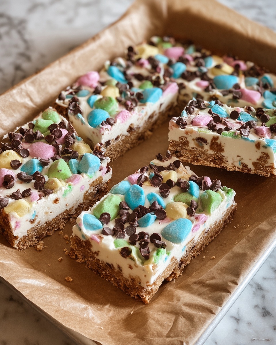 A tray lined with brown parchment paper holds a dessert made of three thick layers: the bottom layer is a light brown crumbly base, the middle layer is a smooth white cream, and the top layer is decorated with colorful chocolate pieces in pastel blue, green, pink, and yellow, along with scattered dark brown chocolate chips. The dessert is cut into rectangular bars, and the surface beneath the tray is a white marbled texture. Photo taken with an iphone --ar 4:5 --v 7