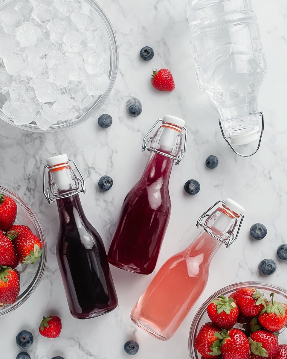 The image shows three small glass bottles with swing-top lids, each filled with a different color liquid—dark purple, deep red, and light pink—arranged diagonally on a white marbled surface. Around the bottles are whole strawberries with green tops and scattered blueberries, adding bright red and blue colors to the scene. On the top left, there is a clear glass bowl filled with ice cubes, and beside it is a clear plastic water bottle lying on its side. The overall look is fresh and colorful, with a crisp white marbled background enhancing the vibrant colors of the fruits and liquids. photo taken with an iphone --ar 4:5 --v 7