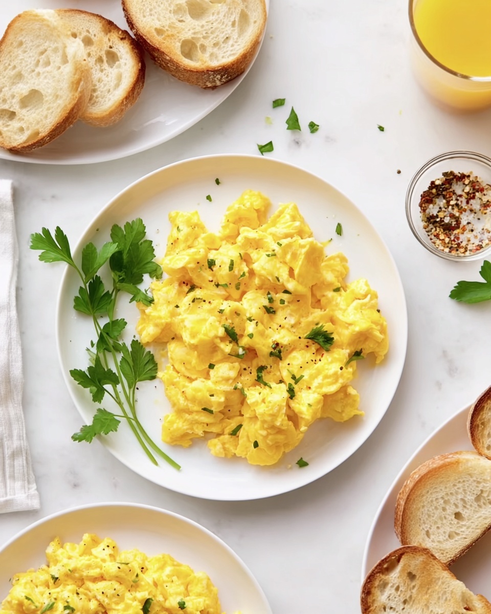 The image shows a white plate with bright yellow scrambled eggs, soft and fluffy with small bits of herbs sprinkled on top, placed slightly to the right side of the plate. Next to the eggs, on the left side, there are fresh green parsley sprigs adding a pop of color. Around the main plate, there are smaller white plates with four pieces of toasted round bread, golden brown with crisp edges and soft centers. A small clear glass bowl with mixed seasoning is near the bread. The background is a white marbled surface, bright and clean, with a glass of orange juice on the top right corner. The whole scene looks fresh and inviting. Photo taken with an iphone --ar 4:5 --v 7
