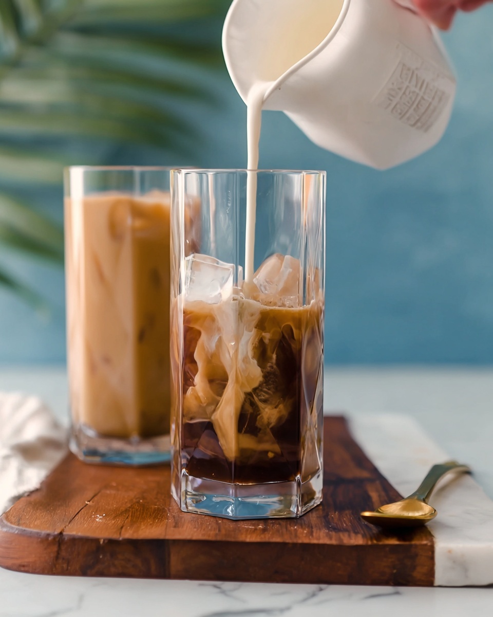 The image shows two tall clear glasses on a wooden board with white marble underneath. The glass in the front has a dark brown liquid at the bottom with a layer of white cream being poured into it from a white pitcher held by a woman's hand, creating a swirling effect where the colors mix. The glass in the background is filled with a smooth, light brown drink. A small gold spoon lies on the board near the second glass, and the background is a soft blue tone with blurred green leaves visible. Photo taken with an iphone --ar 4:5 --v 7