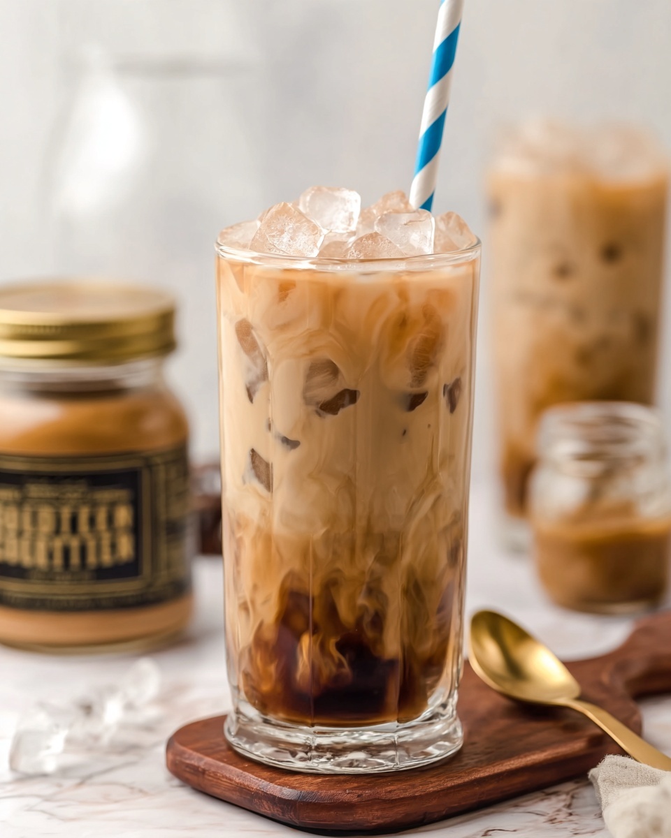 The image shows a tall clear glass filled with iced milk tea, layered with light brown liquid and many small ice cubes on top and inside the drink. A blue and white striped paper straw sticks out from the right side of the glass. The glass is placed on a wooden board, with a golden spoon resting nearby on the board. In the background, there are blurred glass jars with golden lids and another similar glass of iced milk tea. The surface beneath everything is white with a marbled texture. Photo taken with an iphone --ar 4:5 --v 7