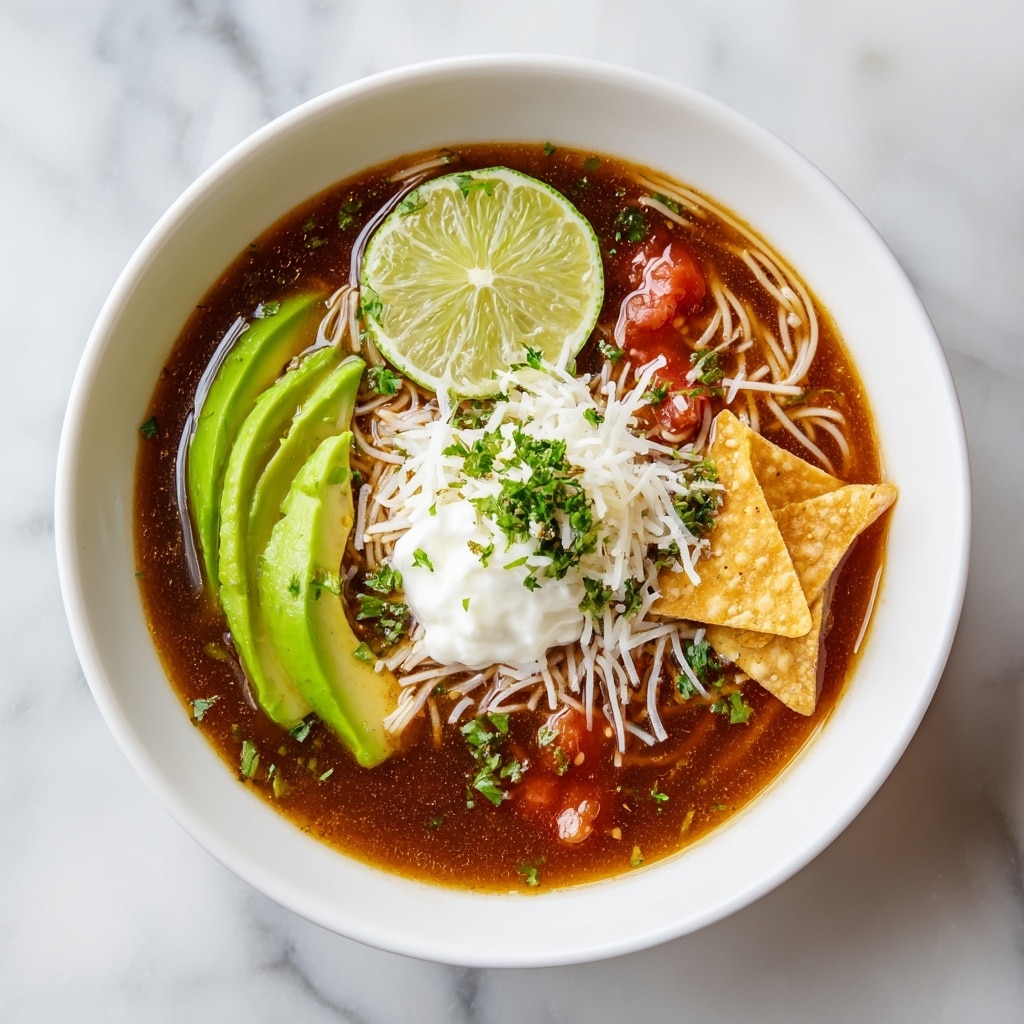 A white bowl filled with a brown broth soup that has visible thin noodles and small red tomato pieces. On top of the soup, there are three bright green avocado slices on the left side, a dollop of white sour cream with some shredded white cheese nearby in the center, and three golden brown triangular chips neatly placed on the right edge. Around the soup, there are three thin, overlapping lime slices resting on the rim. Small green herb pieces are sprinkled over the soup. The bowl is on a white marbled surface. photo taken with an iphone --ar 4:5 --v 7