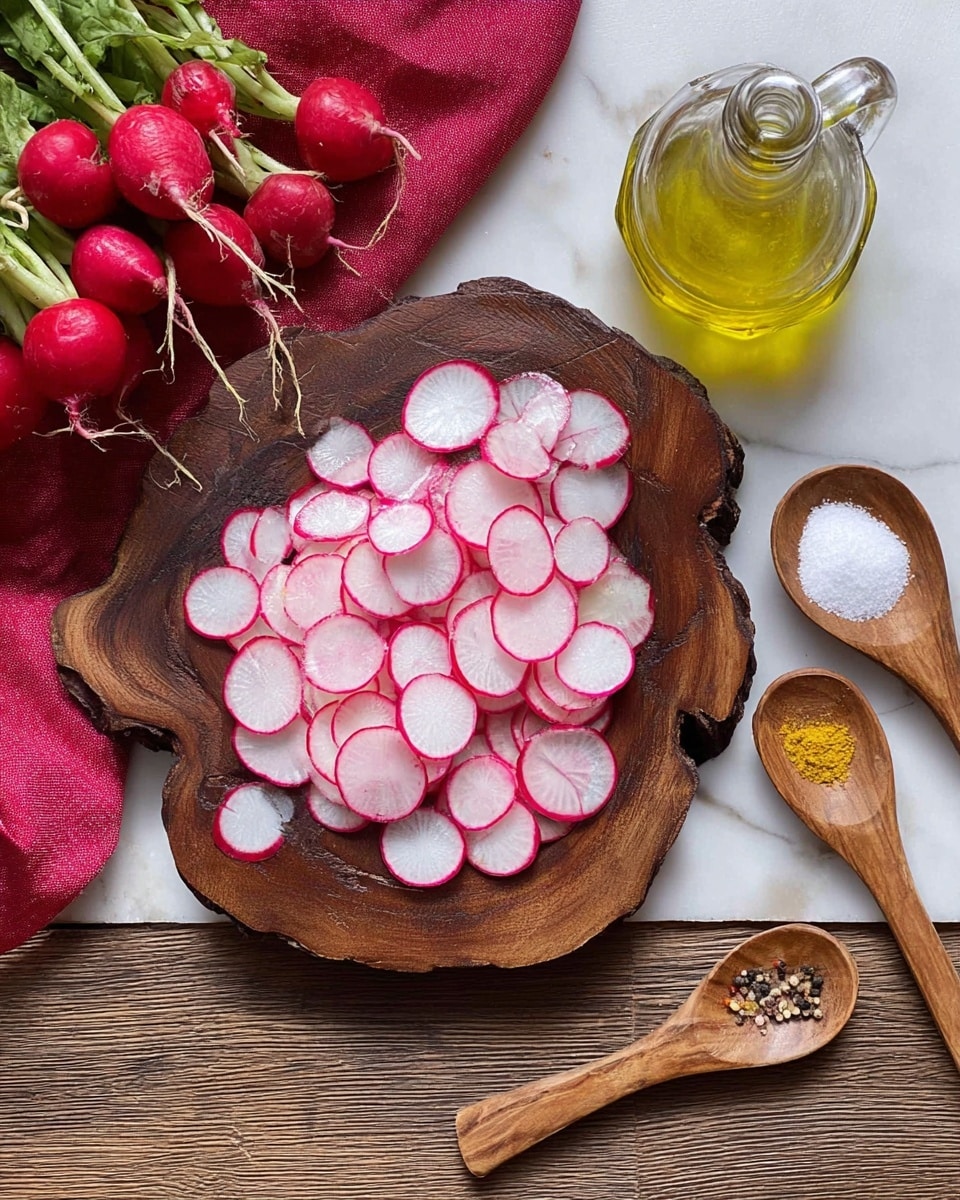 Thin, round slices of radish with white centers and bright red edges are spread in a single layer on a dark brown wooden serving board with natural, irregular edges. To the left of the board, whole radishes with green tops and a red cloth lie on a wooden table with a wood grain texture. To the right, three small wooden spoons hold white salt, coarse yellow garlic powder, and black pepper, while a clear glass bottle filled with golden olive oil sits nearby. The entire scene is set on a white marbled texture surface. Photo taken with an iphone --ar 4:5 --v 7