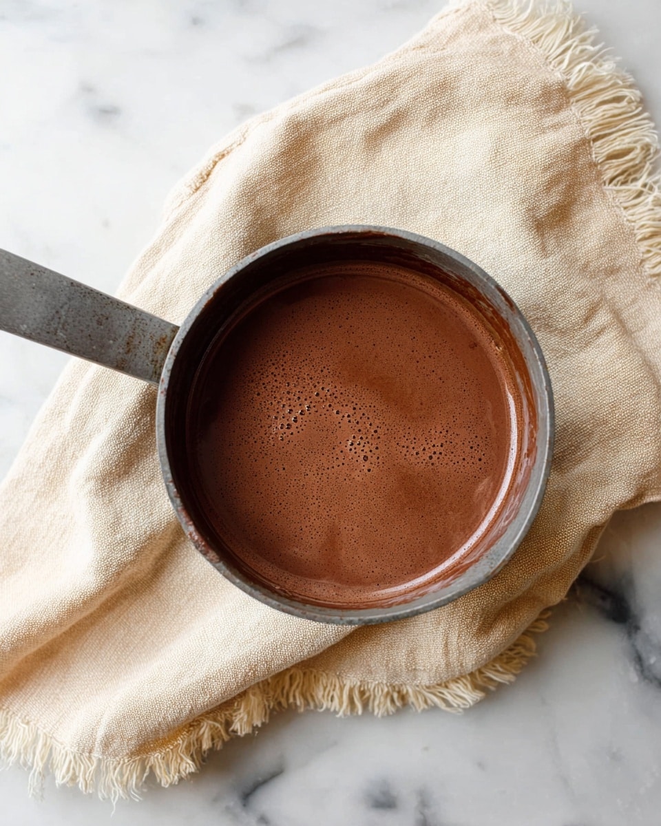 A small gray saucepan filled with smooth, dark brown chocolate liquid, sitting on a soft beige cloth with frayed edges, which rests on a white marbled surface. The chocolate looks thick and rich, coating the sides slightly, with a few small bubbles on the surface. Photo taken with an iphone --ar 4:5 --v 7