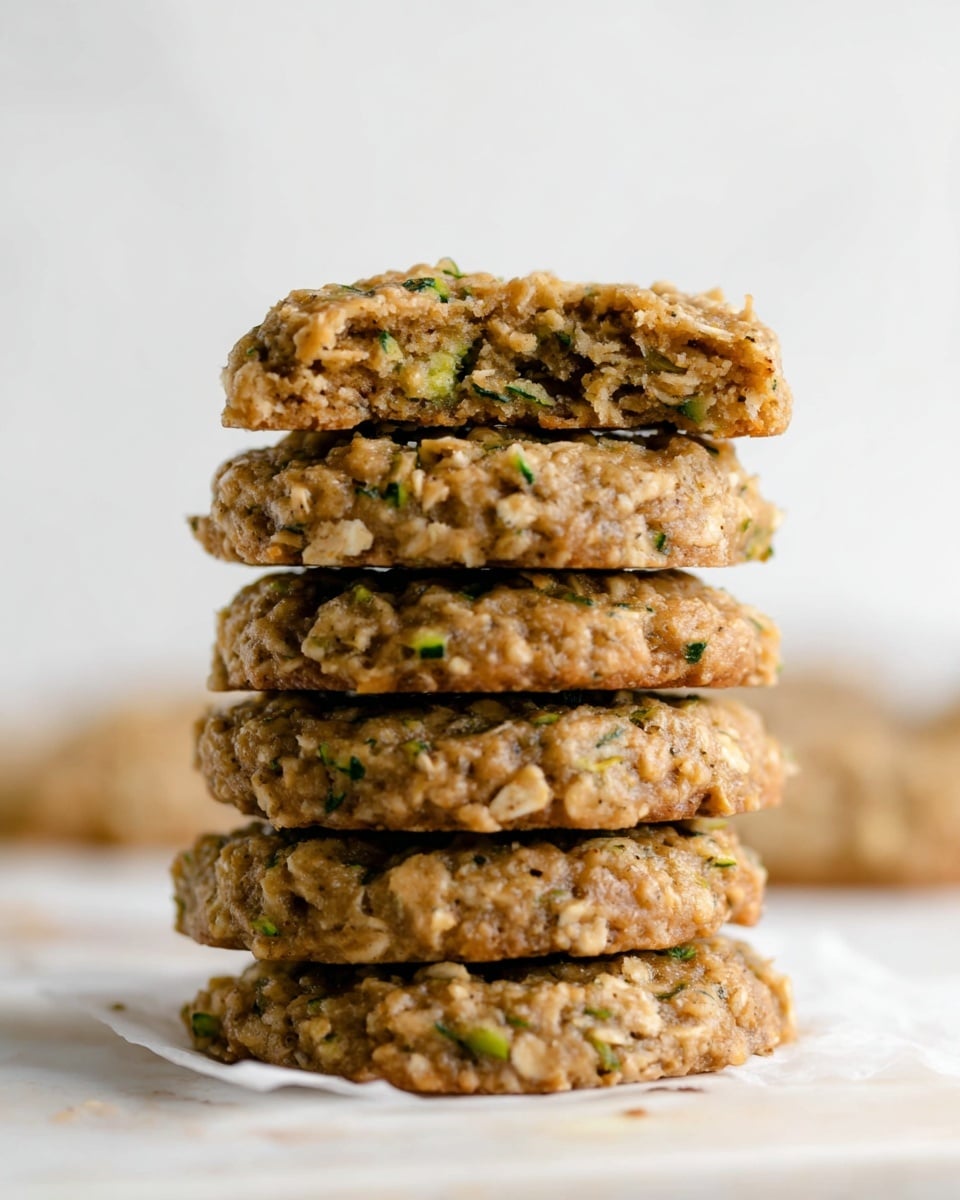A stack of six thick oatmeal cookies sits on a piece of white parchment paper on a white marbled surface. The cookies are golden brown with a slightly rough and chewy texture, showing visible oats and small green zucchini bits mixed in. The top cookie is broken in half, revealing the soft, moist inside filled with oats and zucchini pieces. The cookies have a rustic, homemade look with uneven edges and a dense feel. Photo taken with an iphone --ar 4:5 --v 7