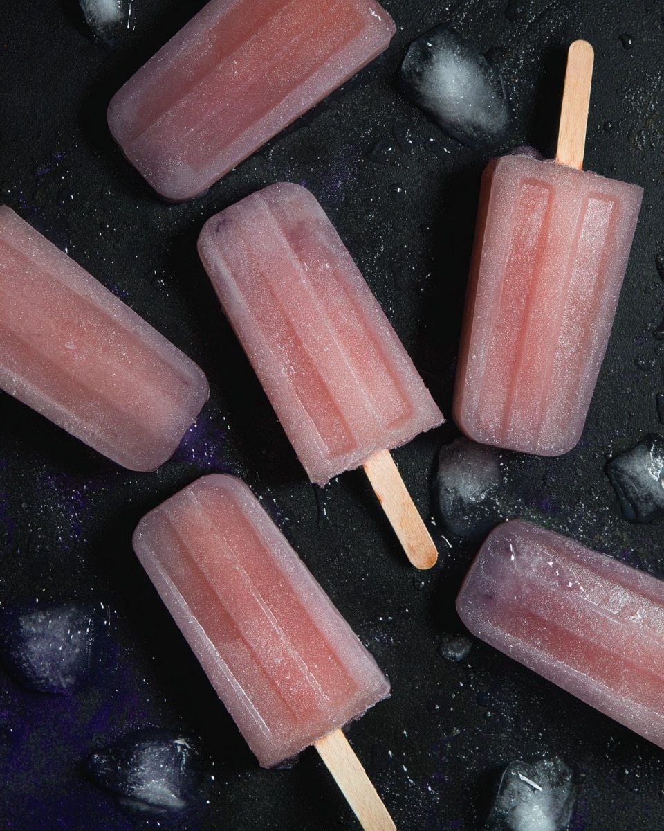 The image shows five popsicles lying flat on a dark surface with some small ice pieces scattered around them. Each popsicle is stick-shaped with a smooth texture and a frosty look, showing a gradient of light pink to a slightly deeper pink color. The wooden sticks are partially visible, positioned near one end of each popsicle. The popsicles are evenly spaced, and the scene is lit to highlight their cold, icy appearance with some condensation on their surface. photo taken with an iphone --ar 4:5 --v 7