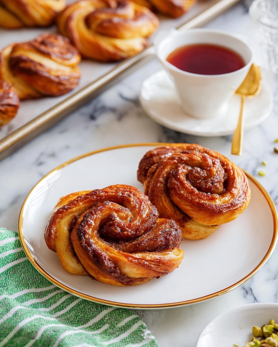 Two twisted cinnamon rolls with a rich brown swirl of filling and a shiny golden-baked crust sit on a white plate with a wide gold rim. The rolls have a flaky texture, with layers of soft dough wrapped around the cinnamon mixture. The plate rests on a white marbled surface next to a white cup filled with dark red tea, which also has a gold rim and handle. In the background, more cinnamon rolls are on a baking tray lined with parchment paper, and a green and white striped cloth is partially visible on the side. Photo taken with an iphone --ar 4:5 --v 7