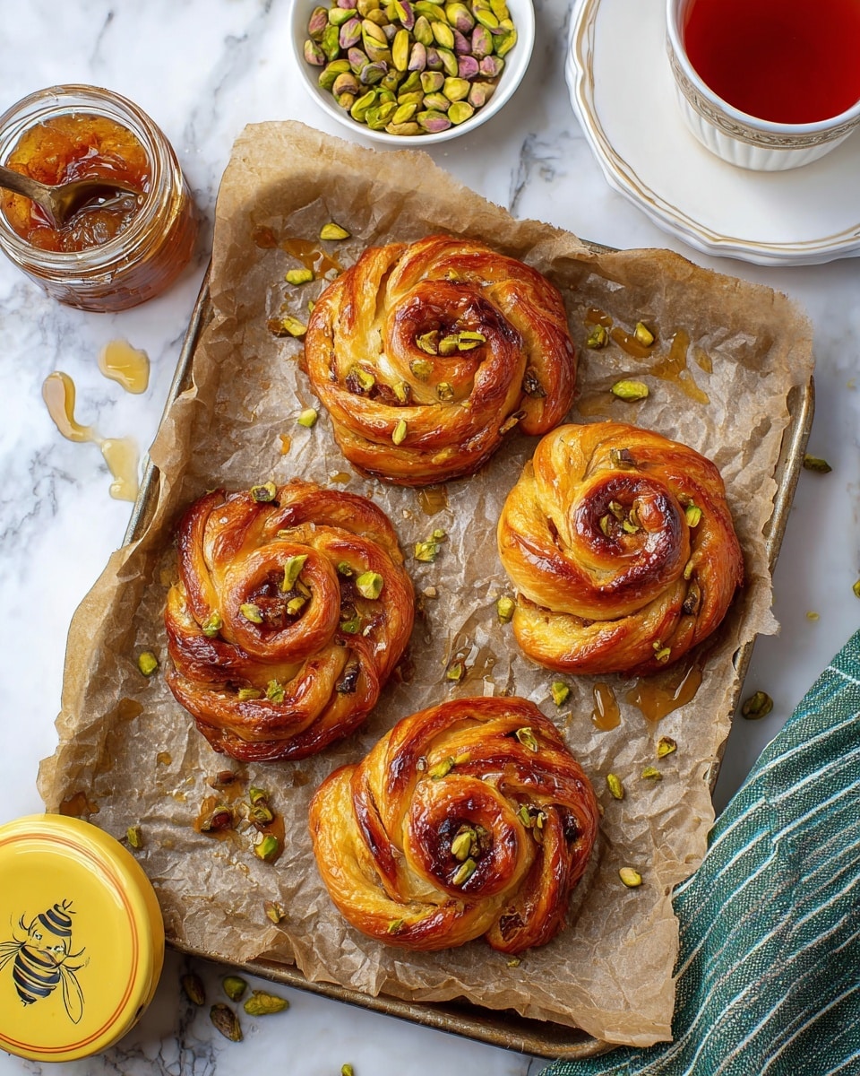 The image shows several golden brown, spiral-shaped pastries placed on crumpled light brown parchment paper. Each pastry has multiple flaky layers visible, with darker brown filling swirled throughout the spiral, giving a textured contrast. The outer edges are shiny and slightly crispy, while the inner layers look soft and tender. Around the pastries, there are scattered green pistachio nuts and small drops of a shiny, amber-colored syrup. The background is a white marbled surface. photo taken with an iphone --ar 4:5 --v 7
