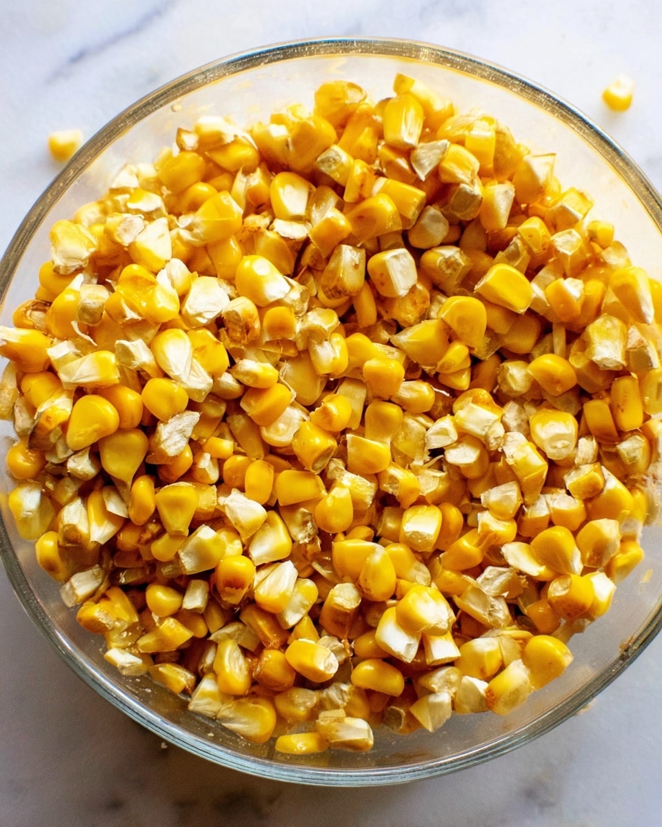 The image shows a close-up of a clear bowl filled with roasted yellow corn kernels. The corn pieces have a mix of bright yellow and light golden brown spots, giving a slightly toasted look. The kernels vary in size and shape with a soft, slightly shiny texture. The bowl is set on a white marbled surface. photo taken with an iphone --ar 4:5 --v 7