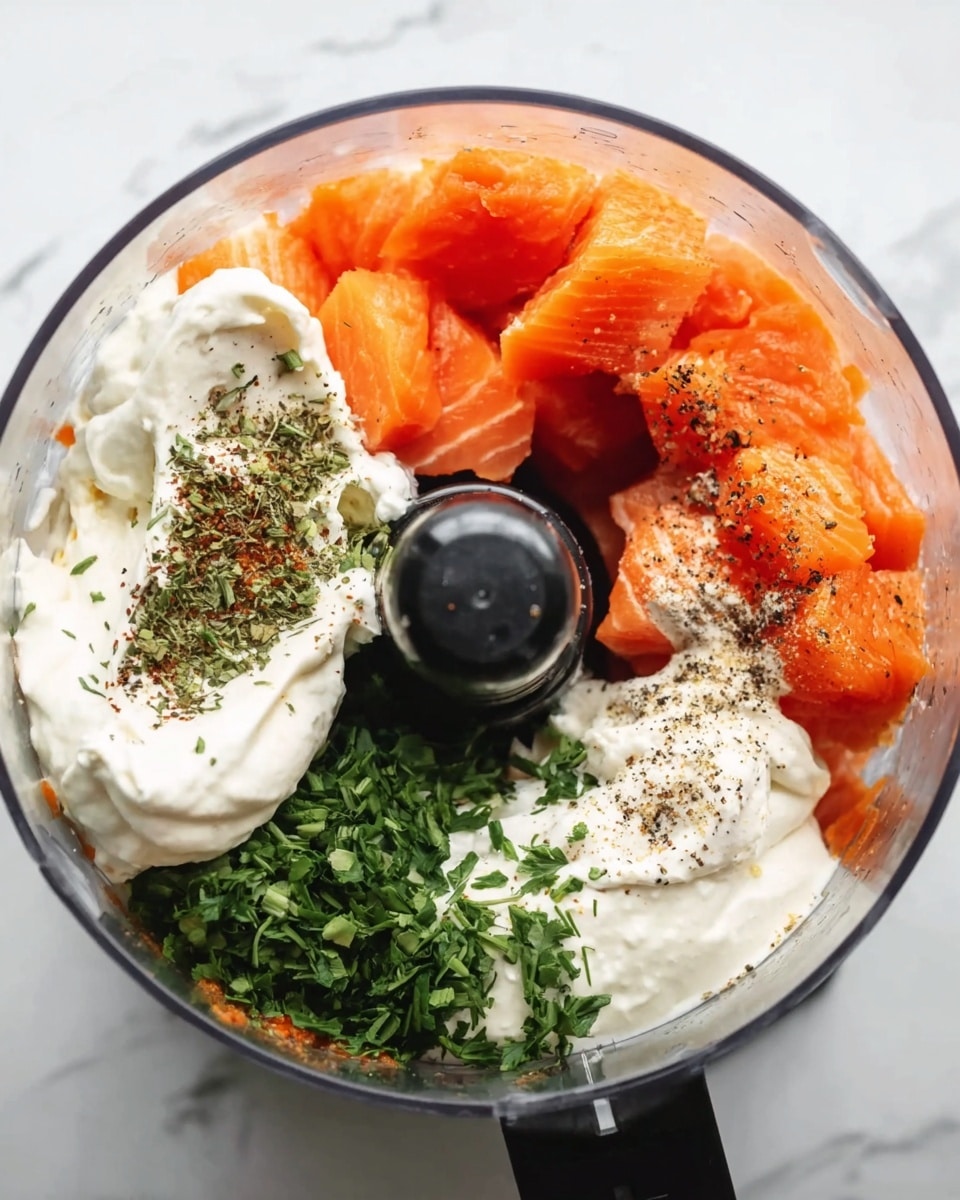 A clear food processor bowl filled with several ingredients clearly separated into layers: bright orange chunks of salmon placed on one side, next to a dollop of white creamy mixture topped with black pepper, fresh finely chopped green herbs on another side, and more white creamy substance filling the remaining sections. The ingredients are surrounded by the black center blade of the food processor. The bowl is resting on a white marbled surface. photo taken with an iphone --ar 4:5 --v 7
