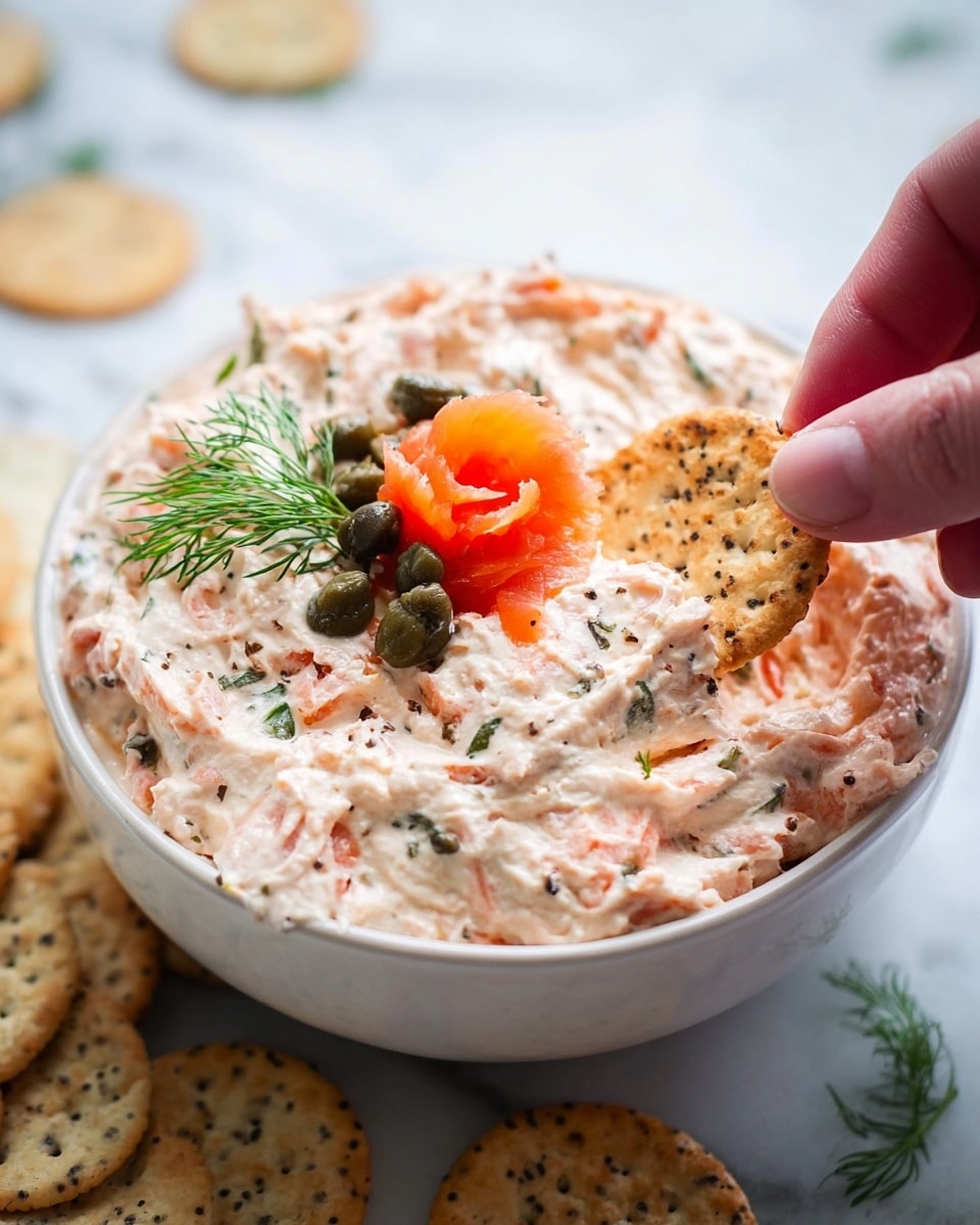 A white bowl filled with a creamy, light pink spread that has a soft, slightly chunky texture, sprinkled with small green herb pieces. On top, there is a small pile of dark green capers and an orange swirl of smoked salmon, with a few dill sprigs for garnish. A woman's hand is holding a round, speckled cracker dipped into the spread. The bowl sits on a white marbled surface with a few scattered crackers around it. photo taken with an iphone --ar 4:5 --v 7