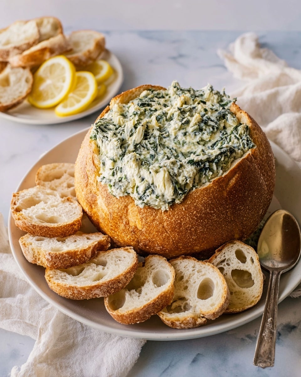 A round golden bread loaf with its top sliced open holds a generous mound of creamy spinach and artichoke dip mixed with white cheese and green spinach bits piled high inside the hollow. Around the loaf, several small beige bread slices with airy holes are fanned out neatly on a white plate. In the background, a smaller white plate holds more bread pieces and thin lemon slices. A silver spoon rests beside the loaf on the plate, all placed on a white marbled surface with a soft white cloth draped nearby. Photo taken with an iphone --ar 4:5 --v 7