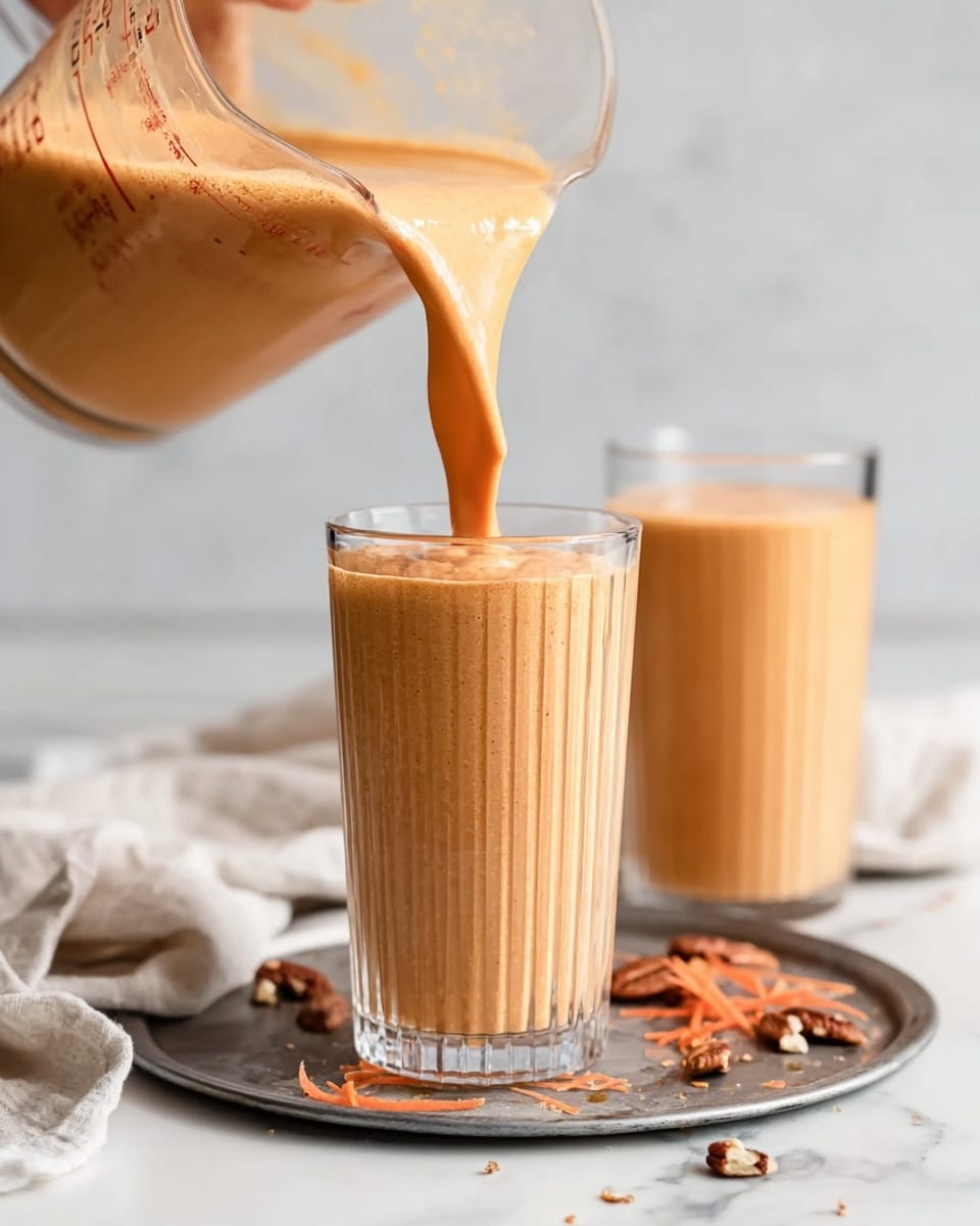 A woman's hand is pouring a thick, creamy light orange smoothie from a clear measuring cup into a tall clear glass with vertical ridges. The glass is about one-third full, and the smoothie flows in a smooth stream with some texture visible. Behind it, there is another tall clear glass filled to the top with the same smoothie. Both glasses sit on a gray metal tray placed on a white marbled surface, with scattered small pecan nuts and thin orange carrot shreds around the tray. The background also shows a soft white fabric draped over the surface. Photo taken with an iphone --ar 4:5 --v 7