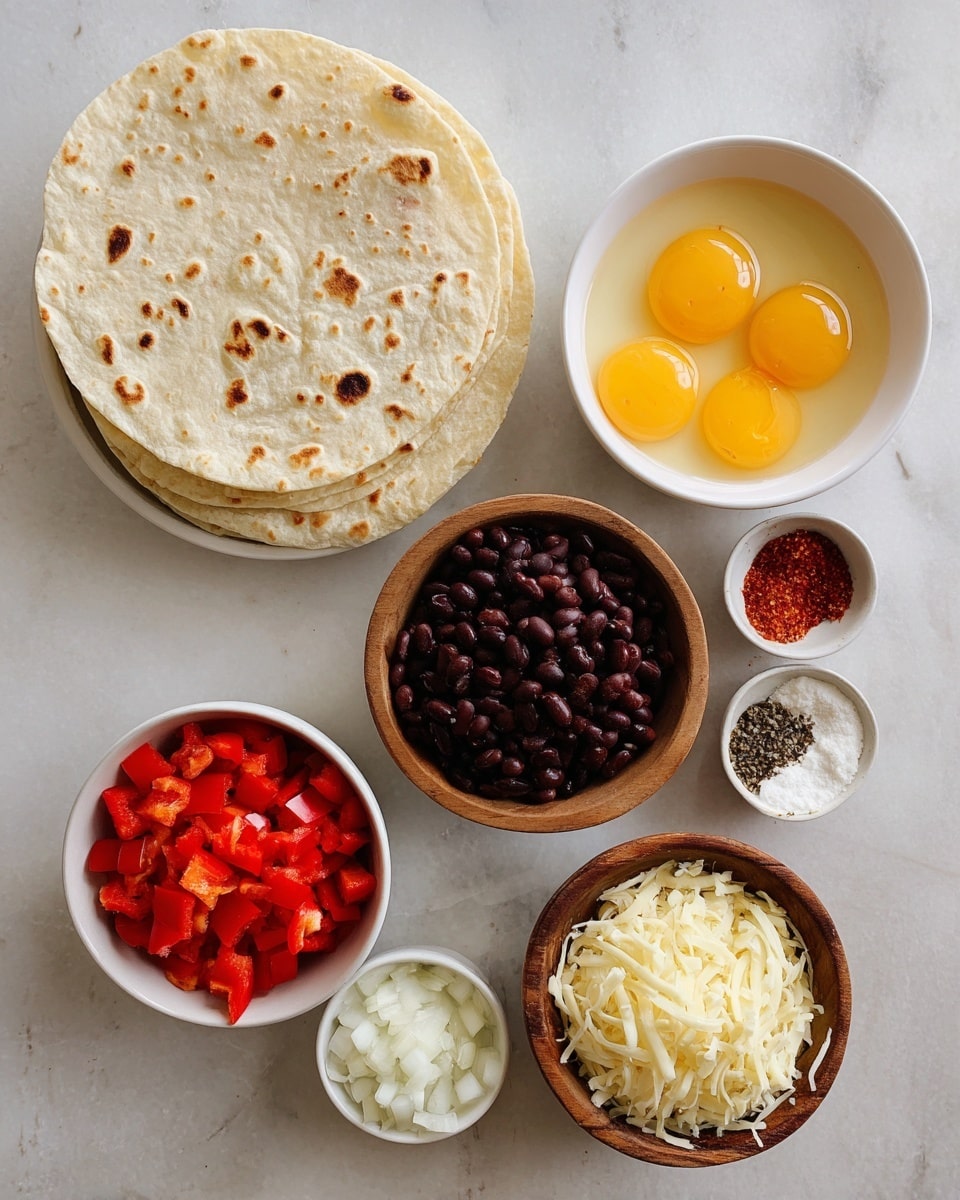 The image shows several ingredients laid out on a white marbled surface. There is a stack of four large light beige tortillas with small brown spots on the top left. In a white bowl to the right, six raw eggs with bright yellow yolks float in clear egg whites. Below the tortillas, a wooden bowl holds chopped white onions. On the left bottom side, a white bowl is filled with chunks of red bell pepper. Another white bowl next to it contains black beans. A small white bowl near the bottom left corner holds a colorful mix of spices including red, black, and white powders. Near the bottom right corner, a wooden bowl contains shredded white cheese. Everything is arranged neatly and clearly visible. Photo taken with an iphone --ar 4:5 --v 7