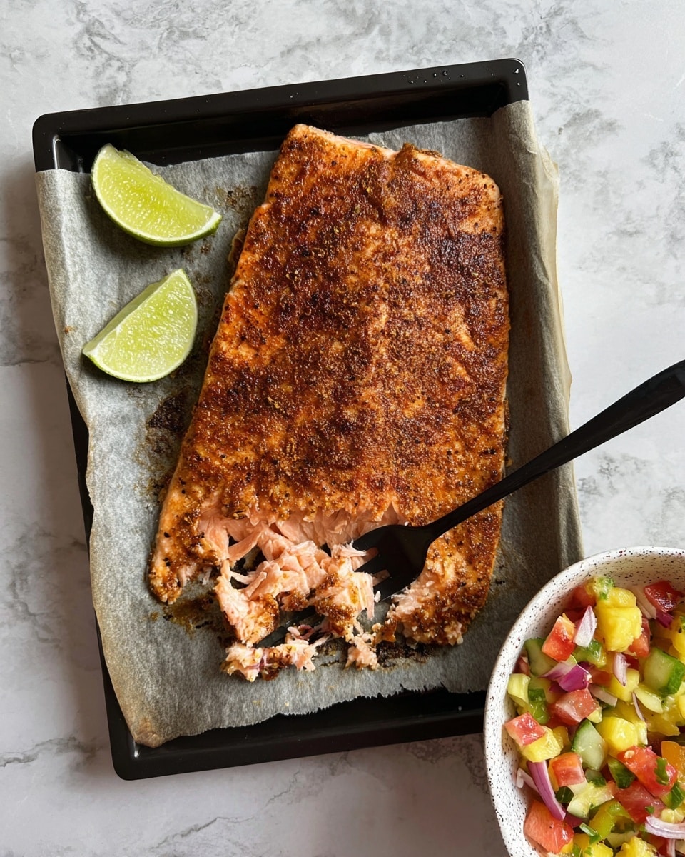 The image shows a cooked salmon fillet on a black rectangular tray lined with parchment paper. The salmon has two visible layers: the top layer is a crispy, brown, seasoned crust, while the bottom layer reveals soft, tender, pinkish-orange salmon flesh that is partially flaked with a black fork. Two lime wedges, one whole and one sliced in half, are placed at the top left corner of the tray. The tray is set on a white marbled surface, and to the right, there is a white bowl containing a colorful salad with diced pineapple, tomato, cucumber, and red onion. photo taken with an iphone --ar 4:5 --v 7