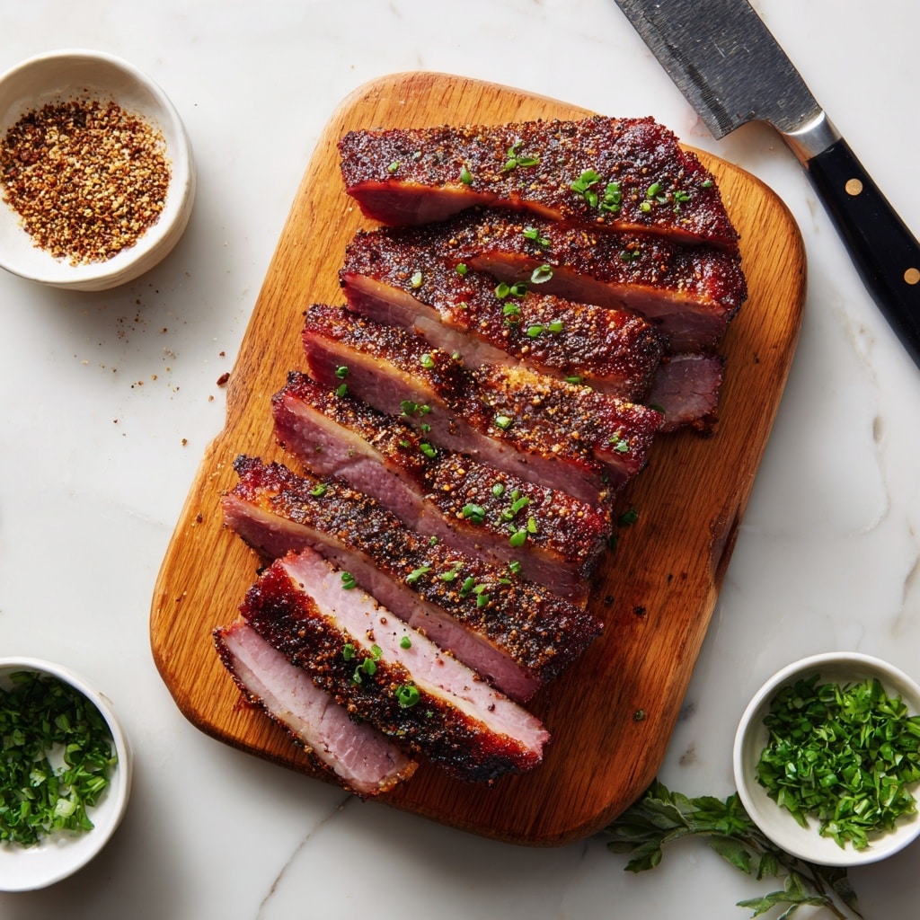 A wooden board on a white marbled surface shows a stack of nine slices of cooked meat with a dark, seasoned crust and a pinkish center, slightly garnished with small green herbs sprinkled on top. At the top right of the board, part of a black knife handle is visible. Around the cutting board, there are three small white bowls—one at the top left contains a coarse spice mix, one at the bottom left holds chopped green herbs, and some fresh green herbs lie loosely on the white marbled texture near the top. Photo taken with an iphone --ar 4:5 --v 7