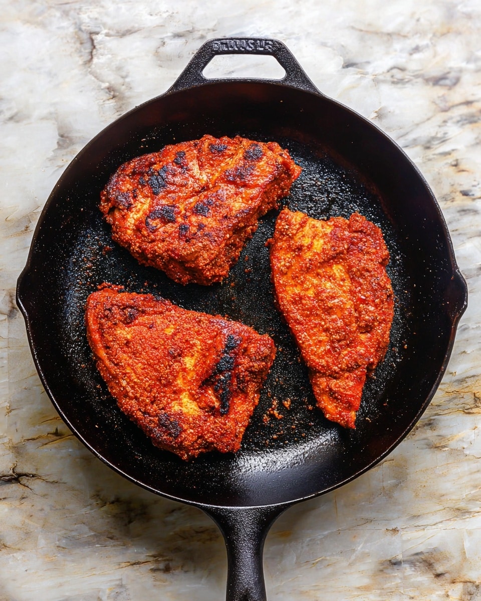 A black cast iron pan holds three cooked pieces of seasoned meat, each with a crispy, reddish-brown crust showing some darker charred spots. The pieces are arranged loosely triangular, with one near the top left, one on the top right, and one at the bottom center of the pan. The pan is placed on a surface with a white marbled texture. The texture of the meat looks rough and slightly crispy from cooking. Photo taken with an iphone --ar 4:5 --v 7