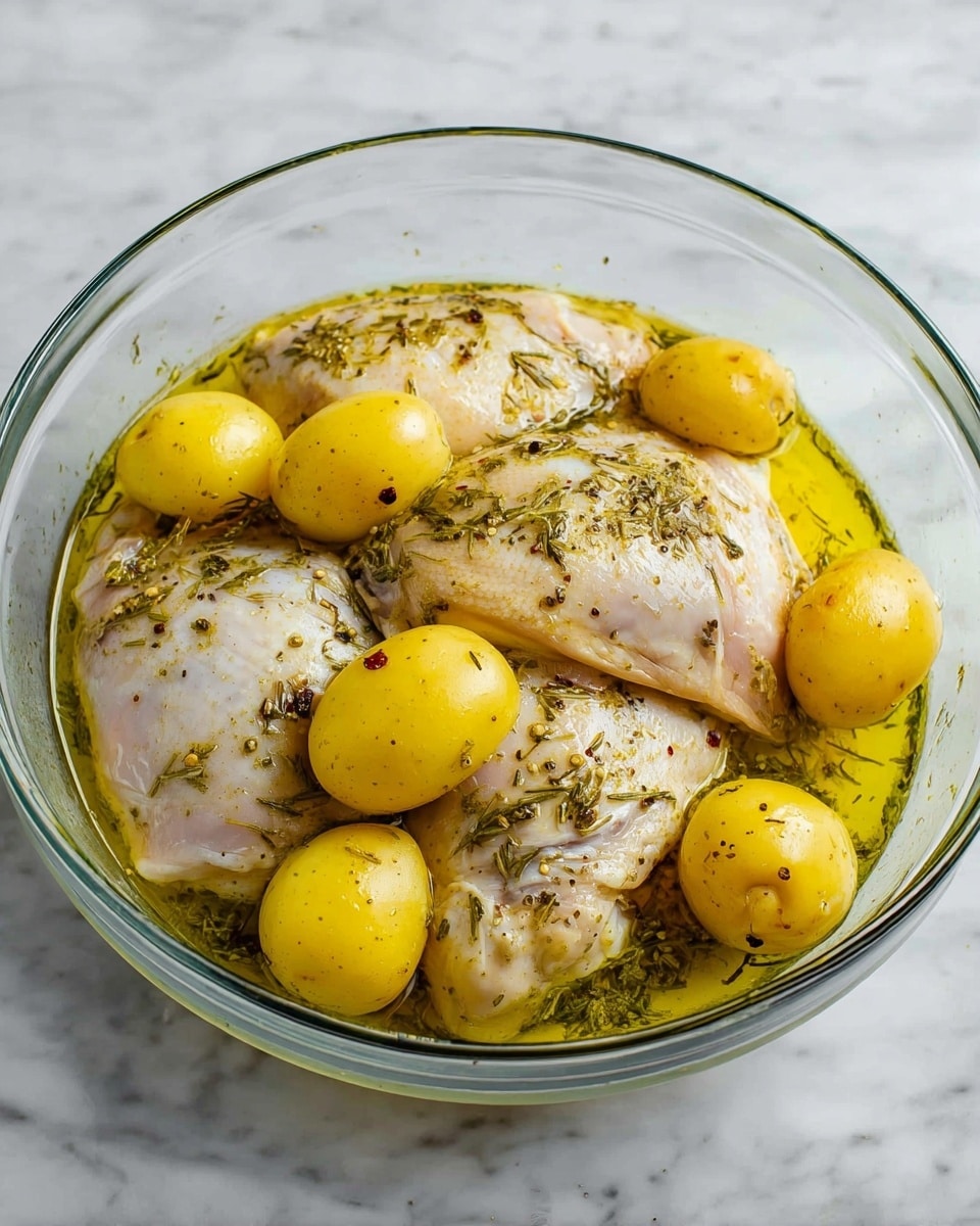 A clear glass bowl filled with four large light beige raw chicken pieces layered with several small whole yellow potatoes. The chicken and potatoes are coated in a shiny yellow marinade with visible green herbs and small black pepper flakes. The bowl is placed on a white marbled surface. photo taken with an iphone --ar 4:5 --v 7